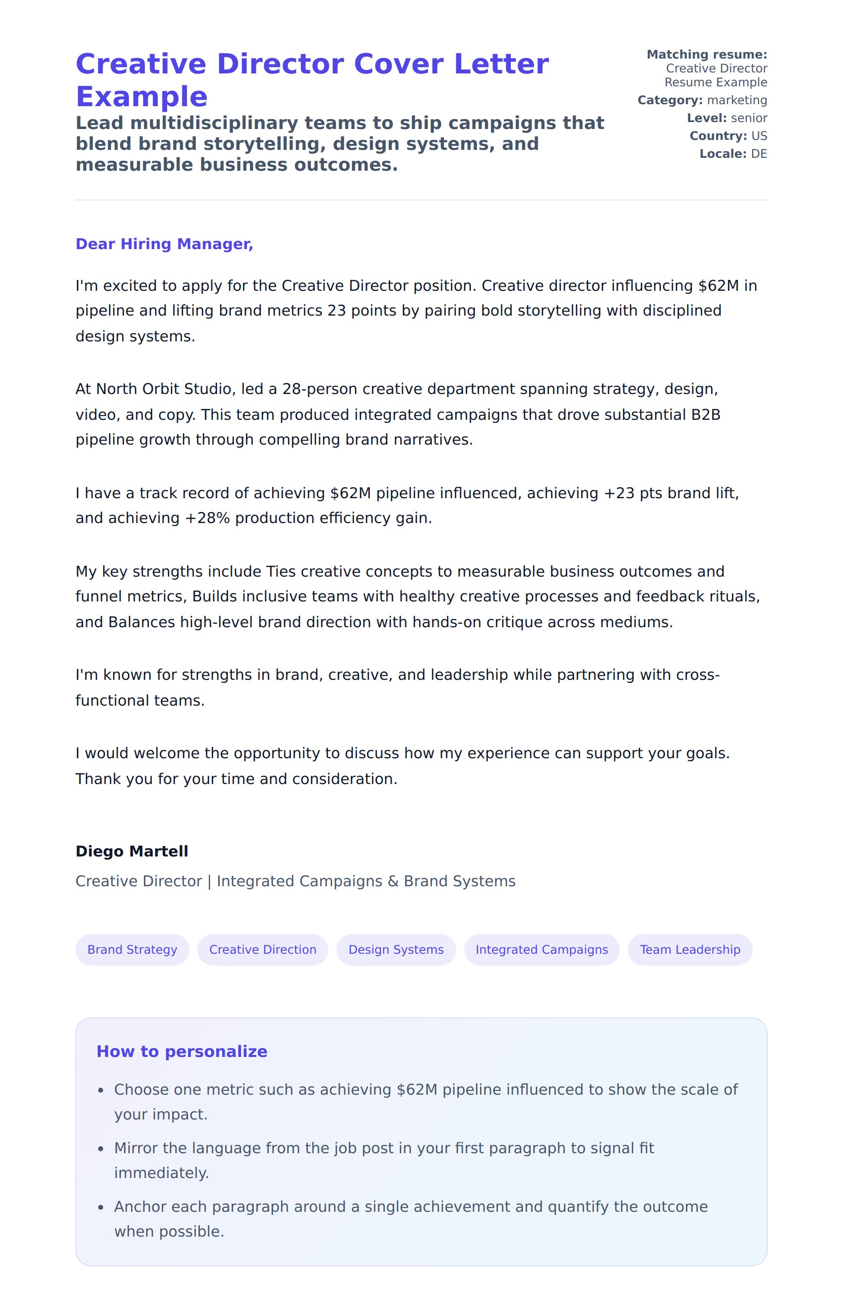 Cover Letter preview for Creative Director Cover Letter Example