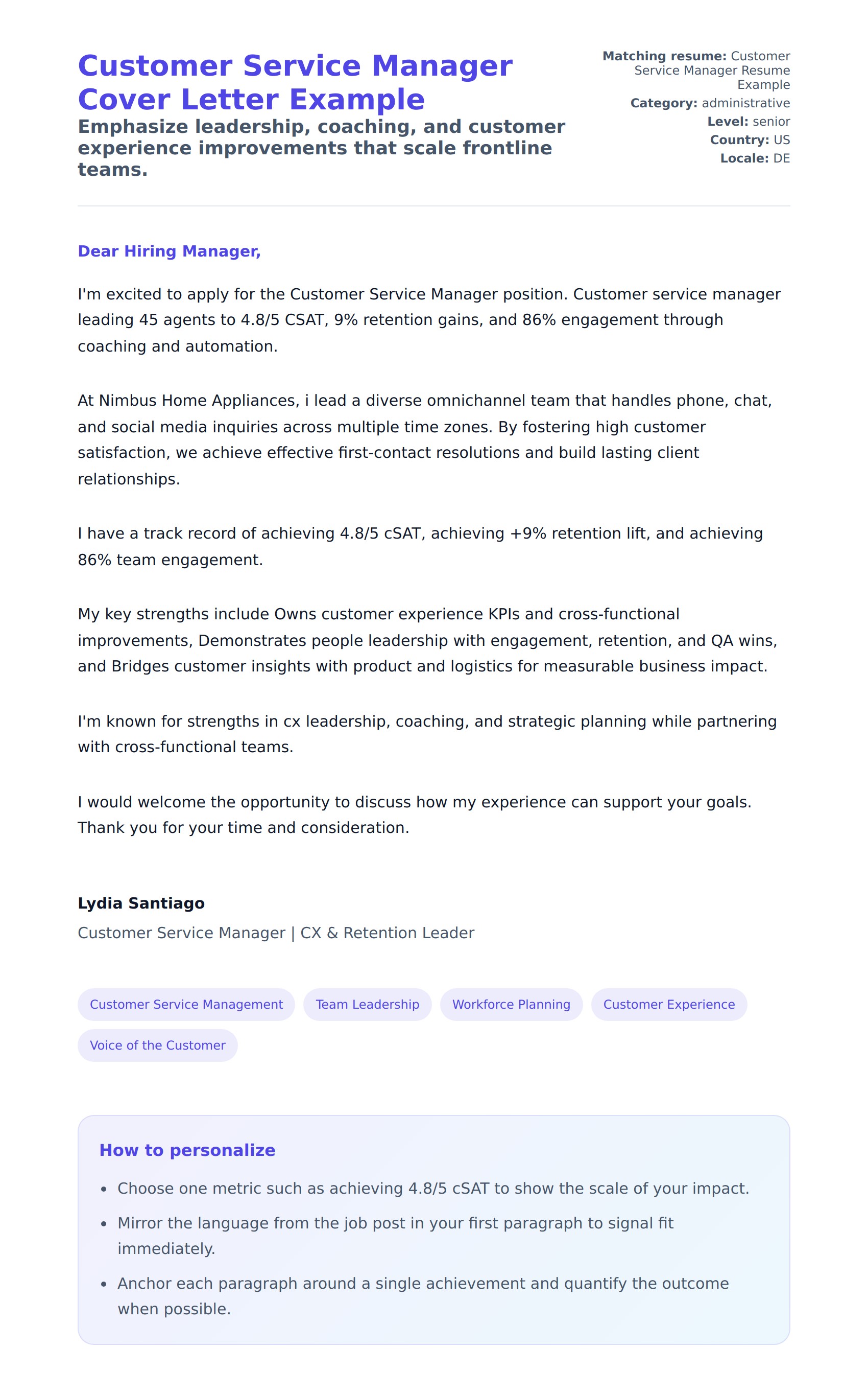 Cover Letter preview for Customer Service Manager Cover Letter Example