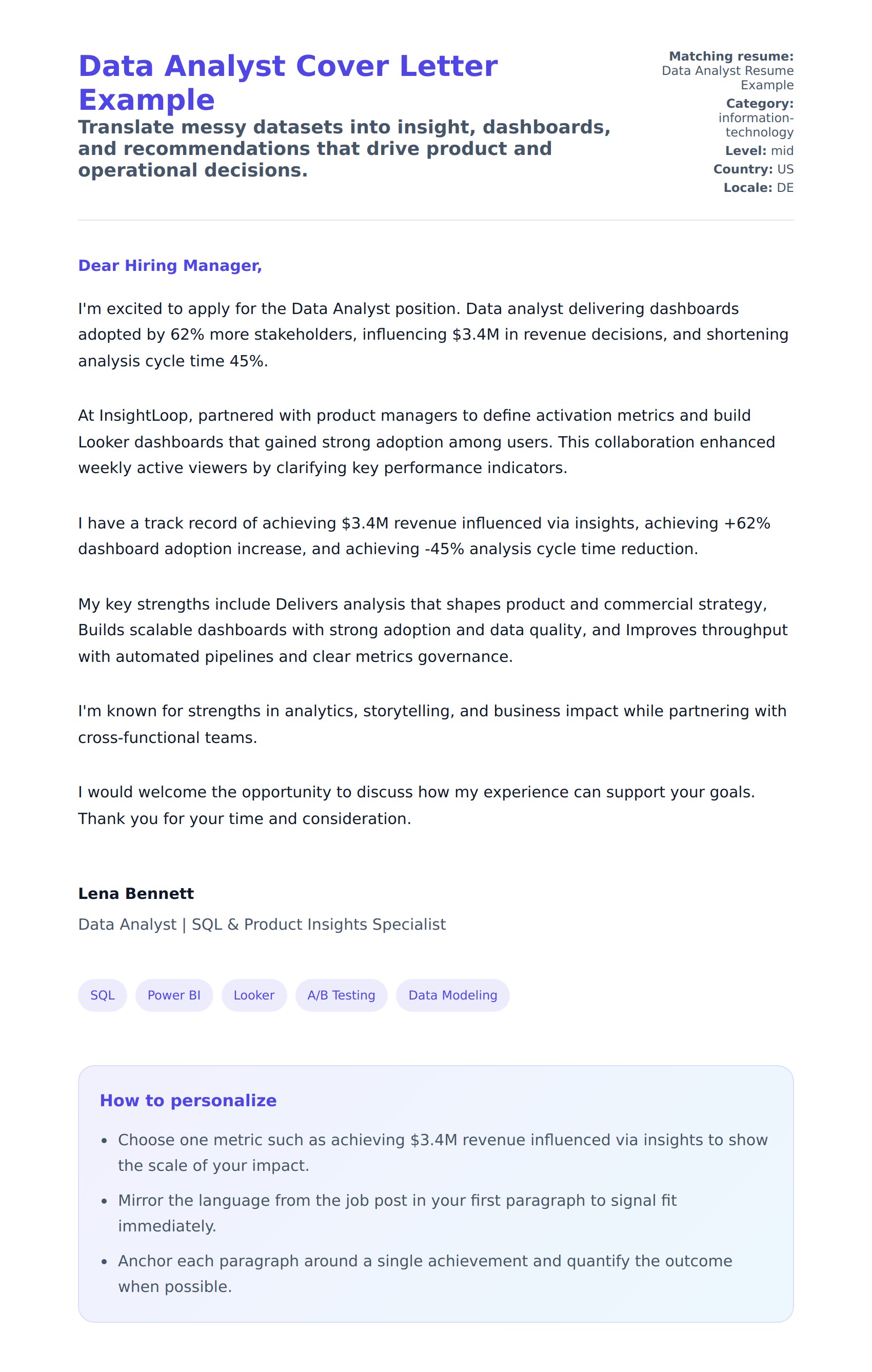 Cover Letter preview for Data Analyst Cover Letter Example