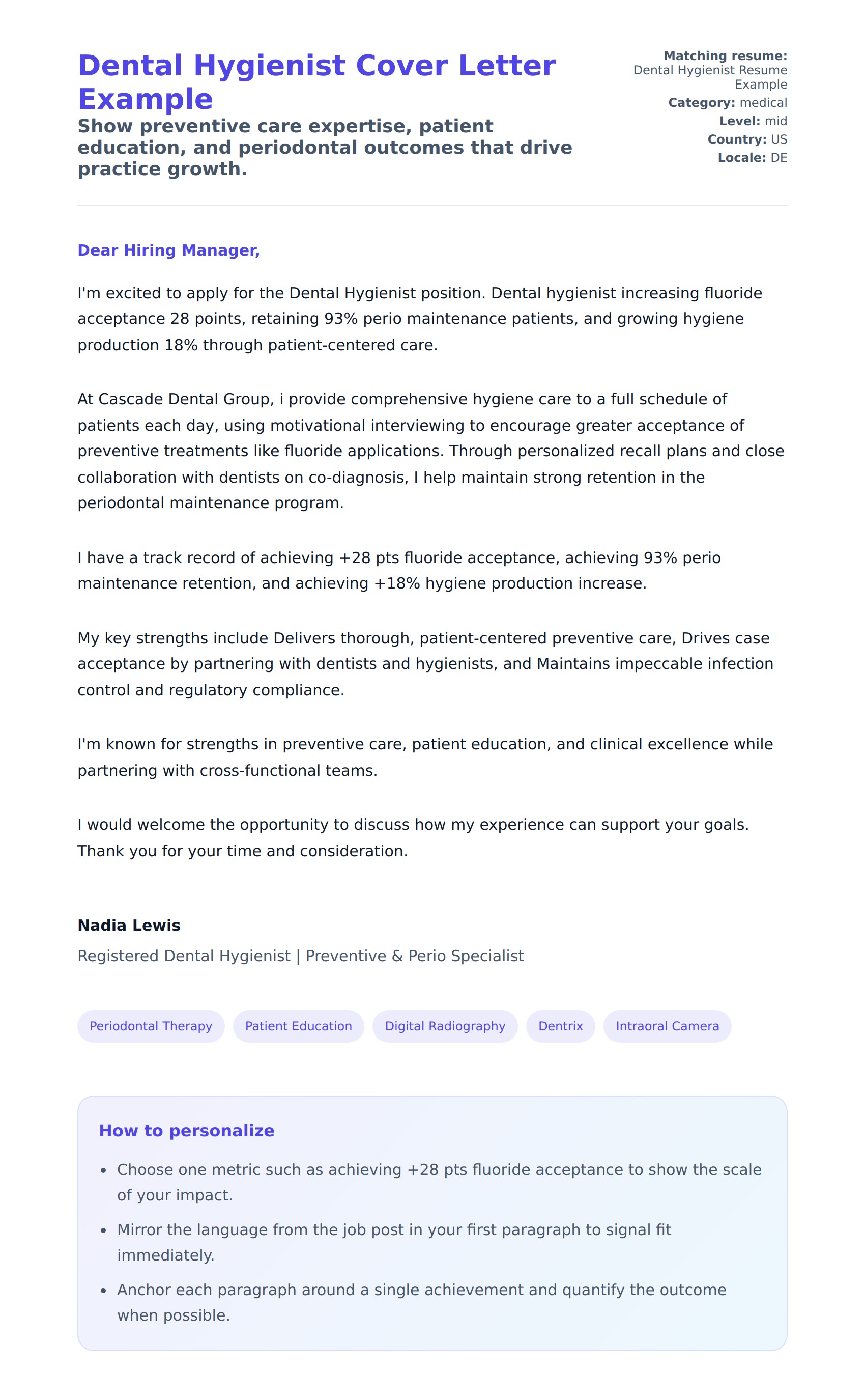 Cover Letter preview for Dental Hygienist Cover Letter Example
