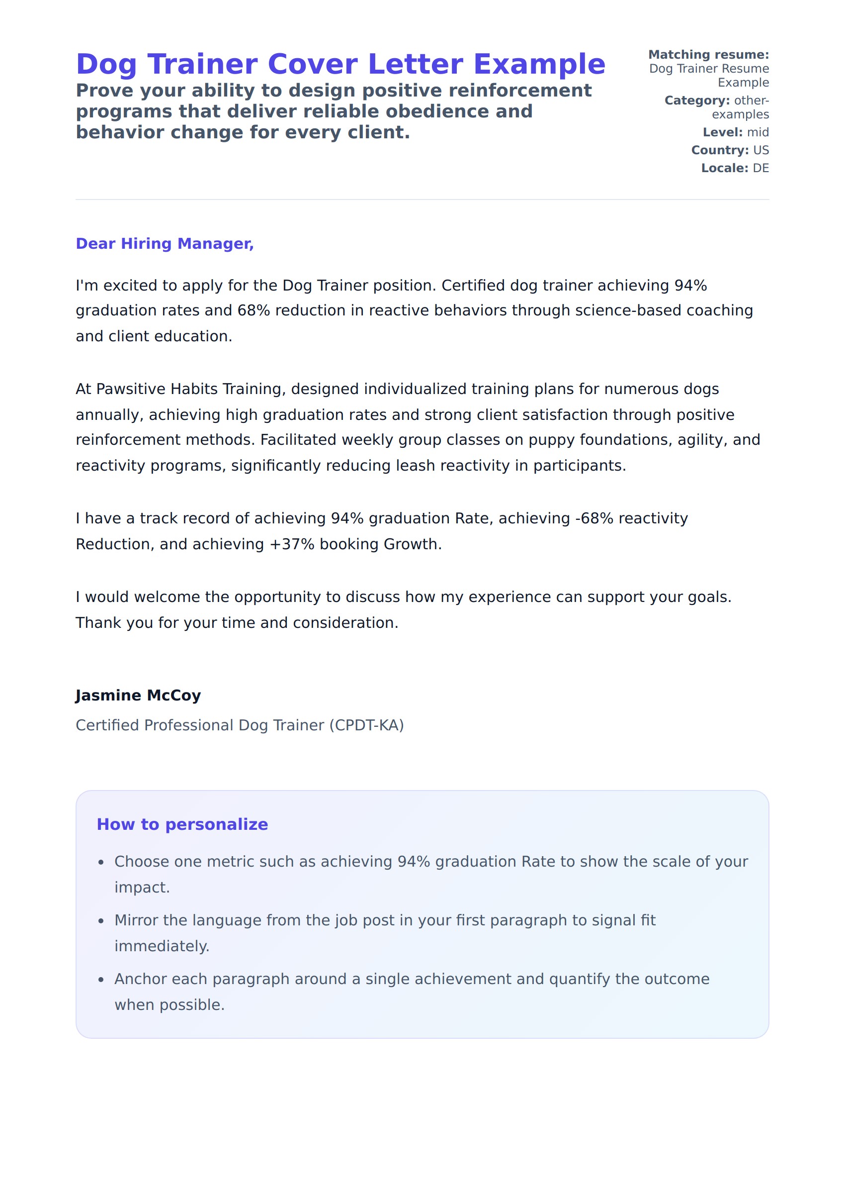 Cover Letter preview for Dog Trainer Cover Letter Example