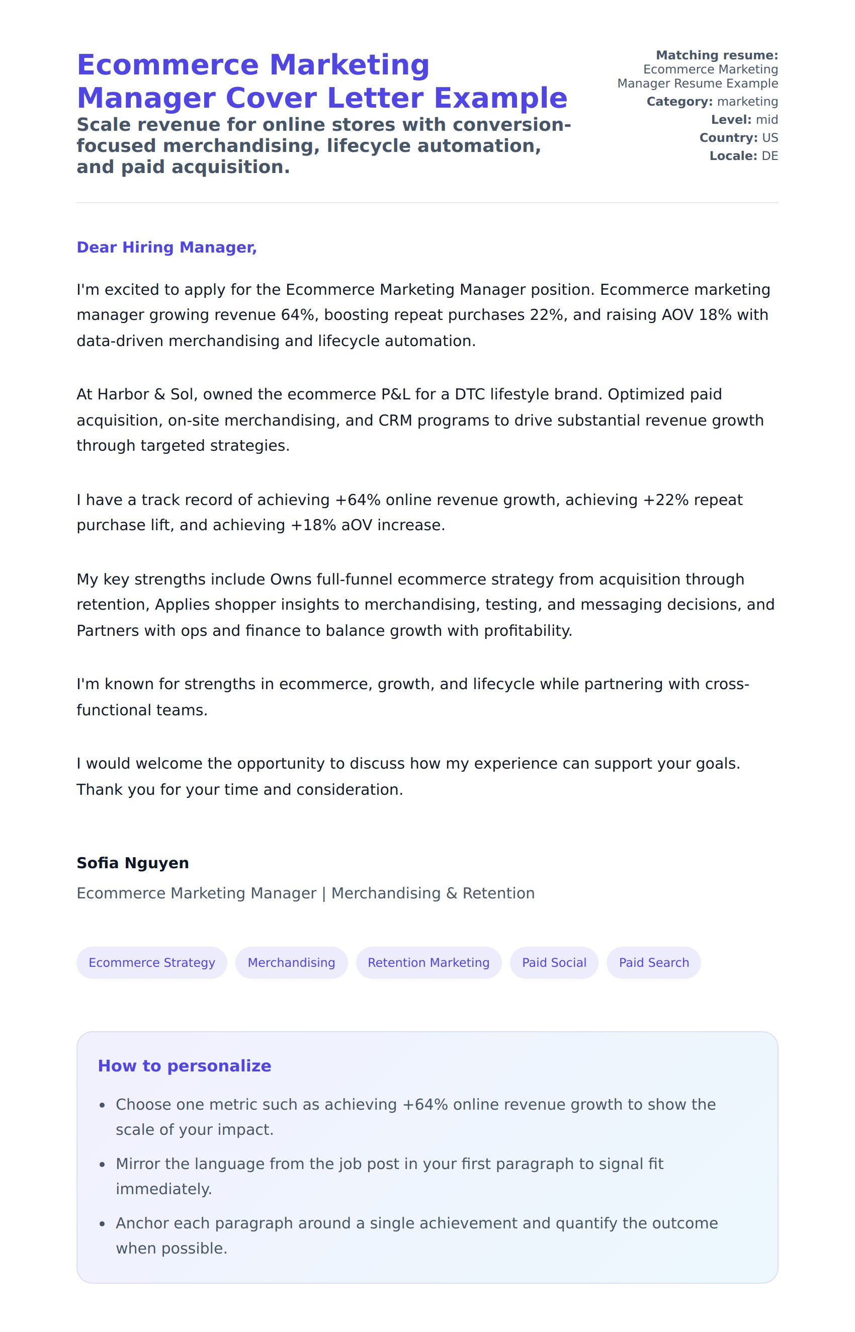 Cover Letter preview for Ecommerce Marketing Manager Cover Letter Example