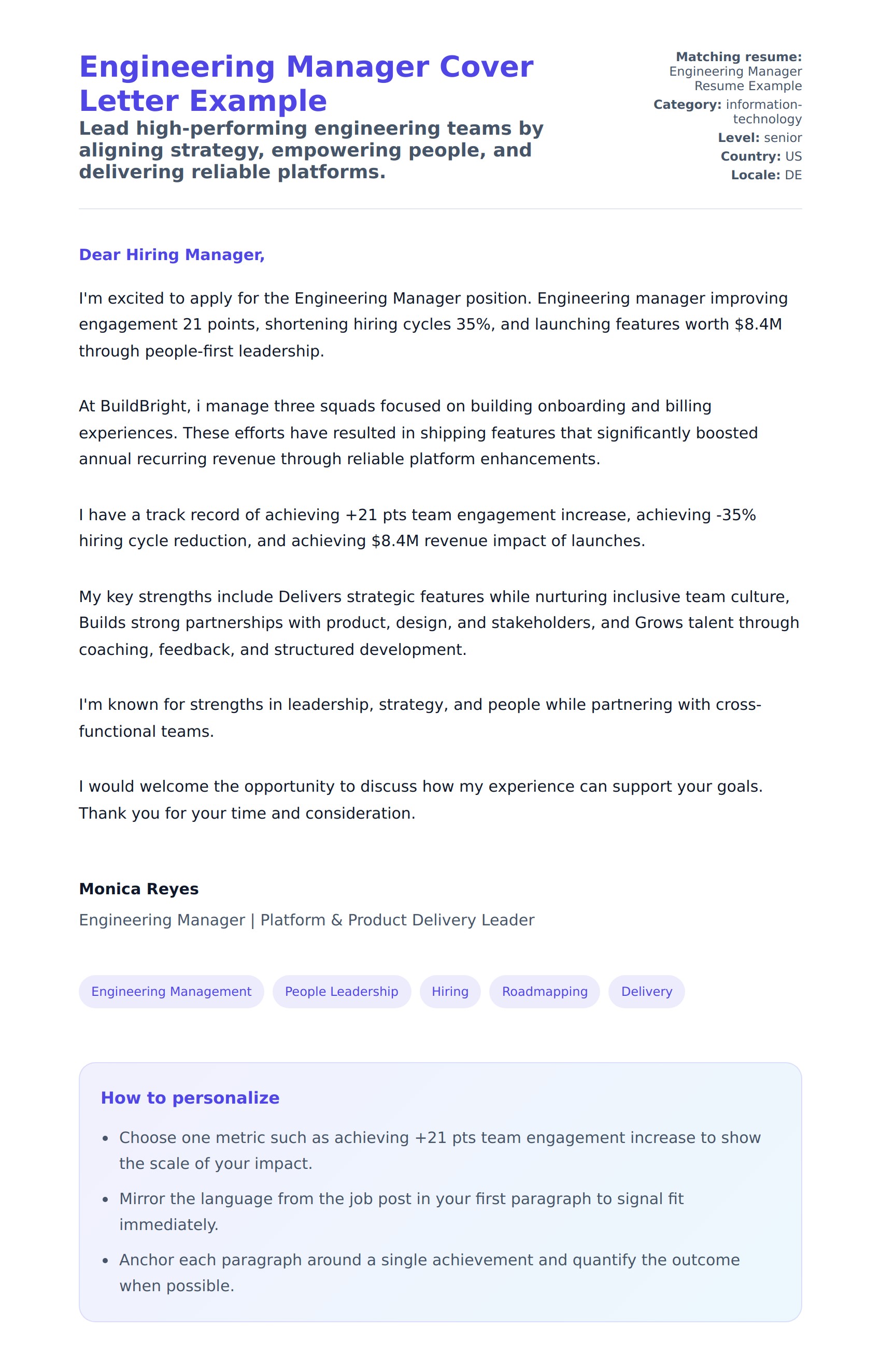 Cover Letter preview for Engineering Manager Cover Letter Example