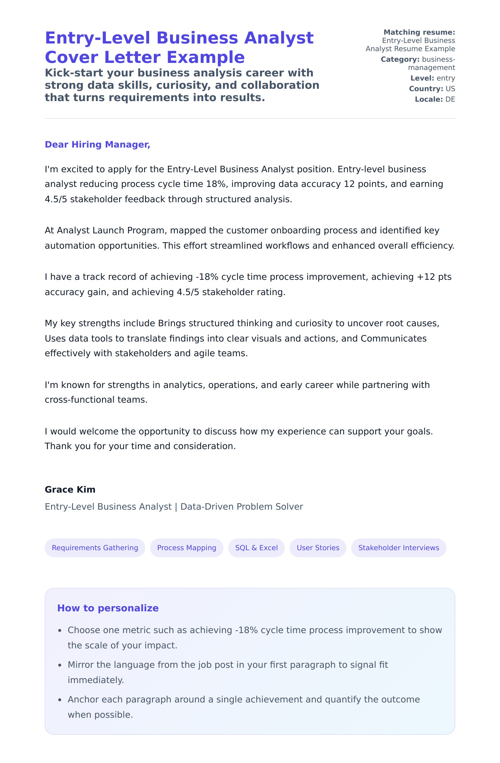 Cover Letter preview for Entry-Level Business Analyst Cover Letter Example