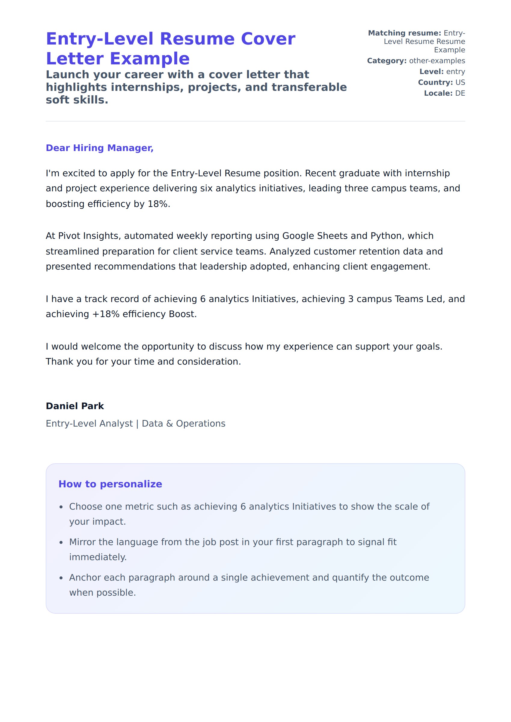 Cover Letter preview for Entry-Level Resume Cover Letter Example