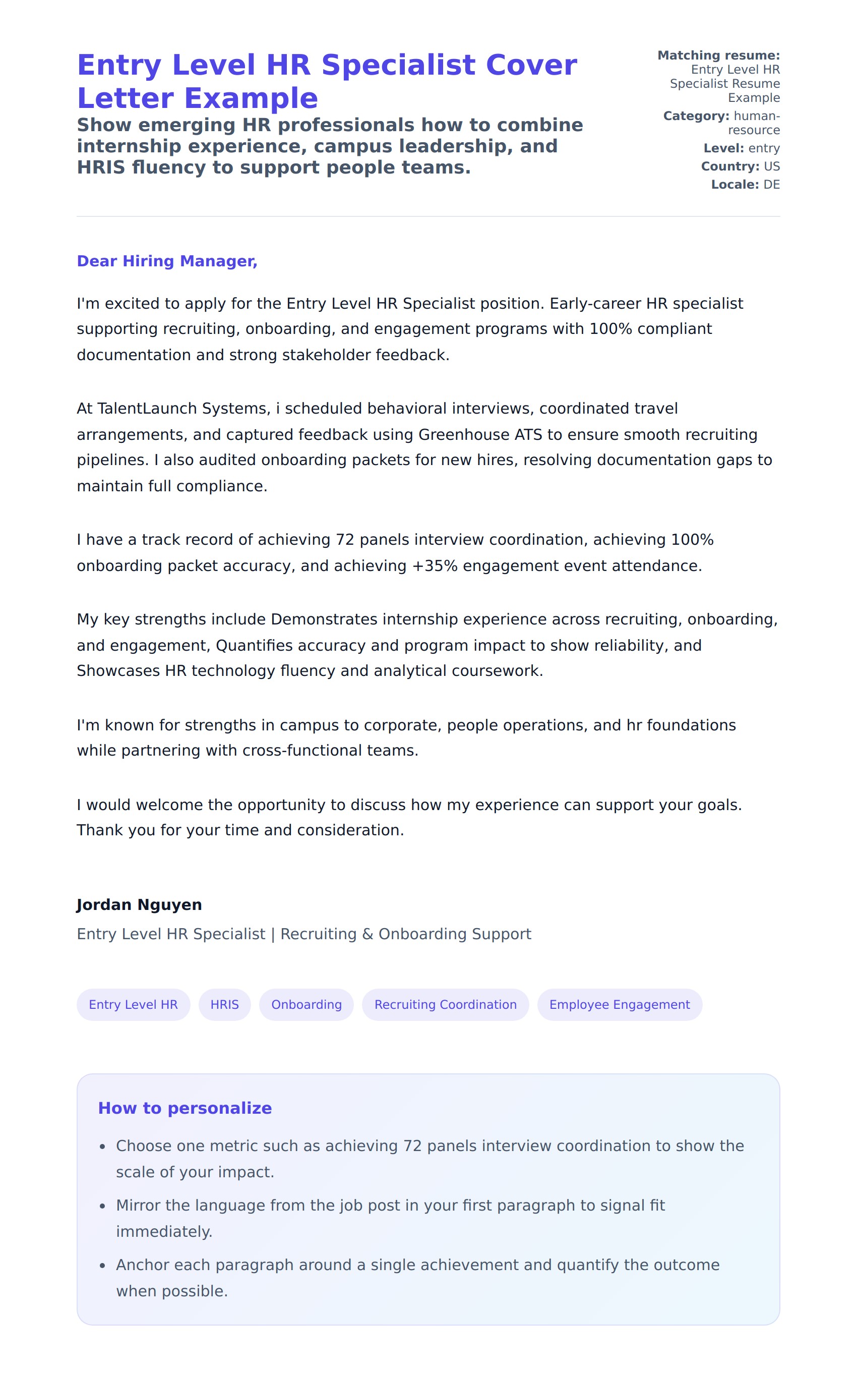 Cover Letter preview for Entry Level HR Specialist Cover Letter Example