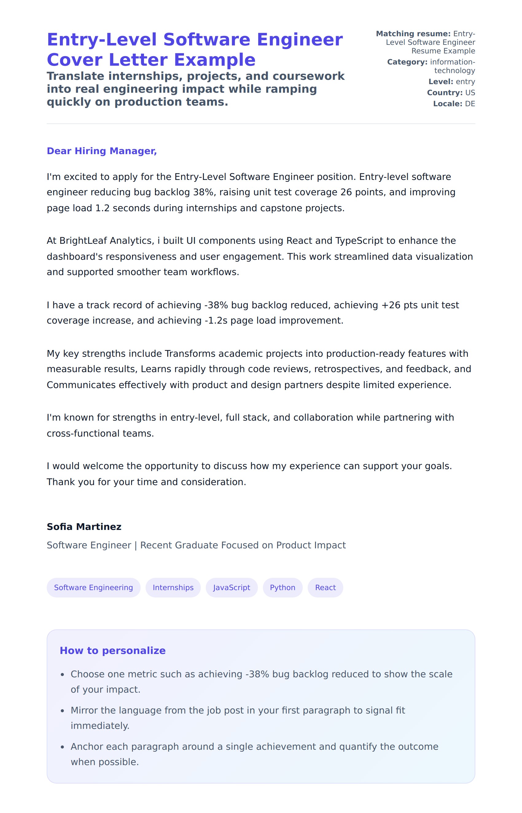 Cover Letter preview for Entry-Level Software Engineer Cover Letter Example