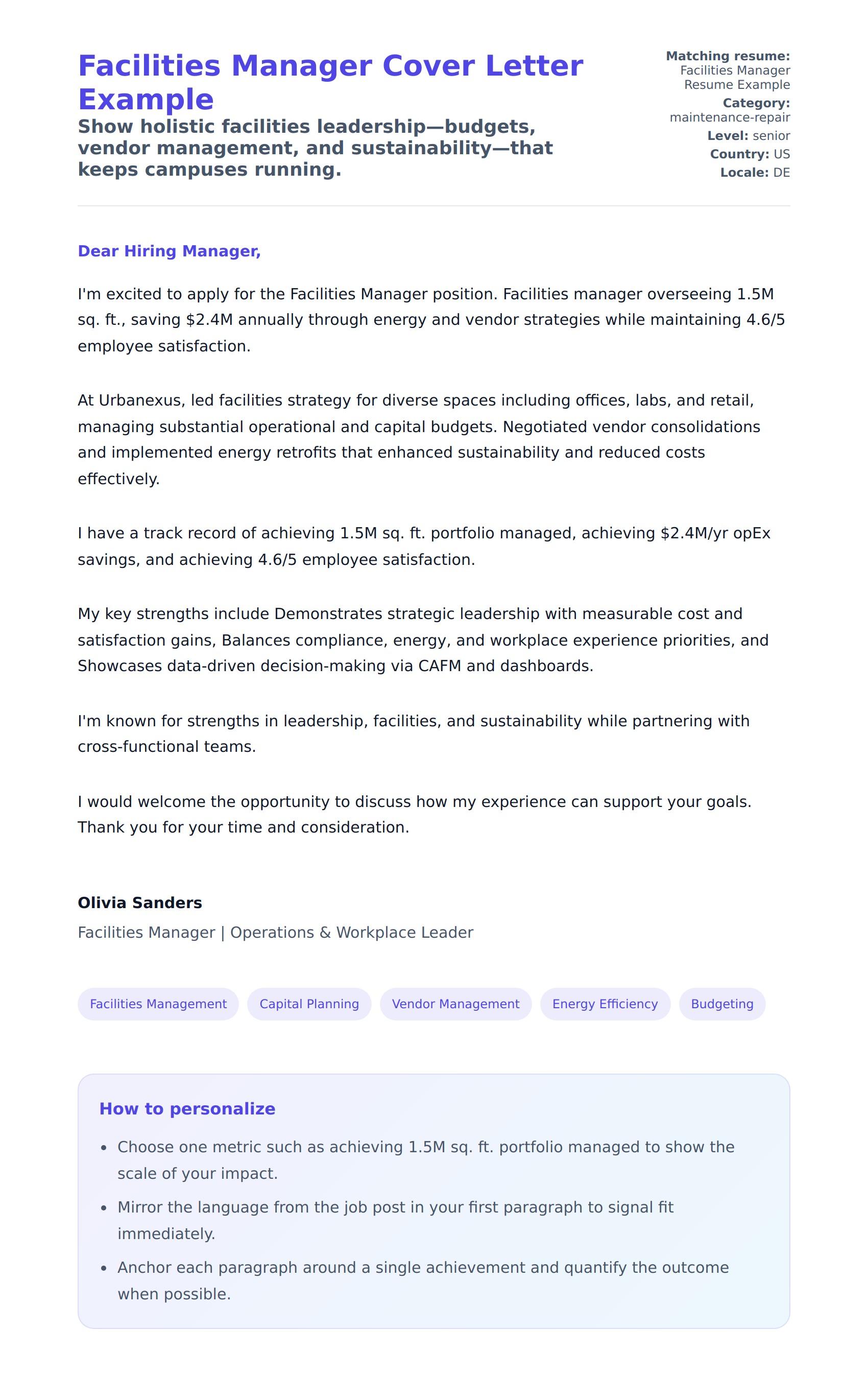 Cover Letter preview for Facilities Manager Cover Letter Example