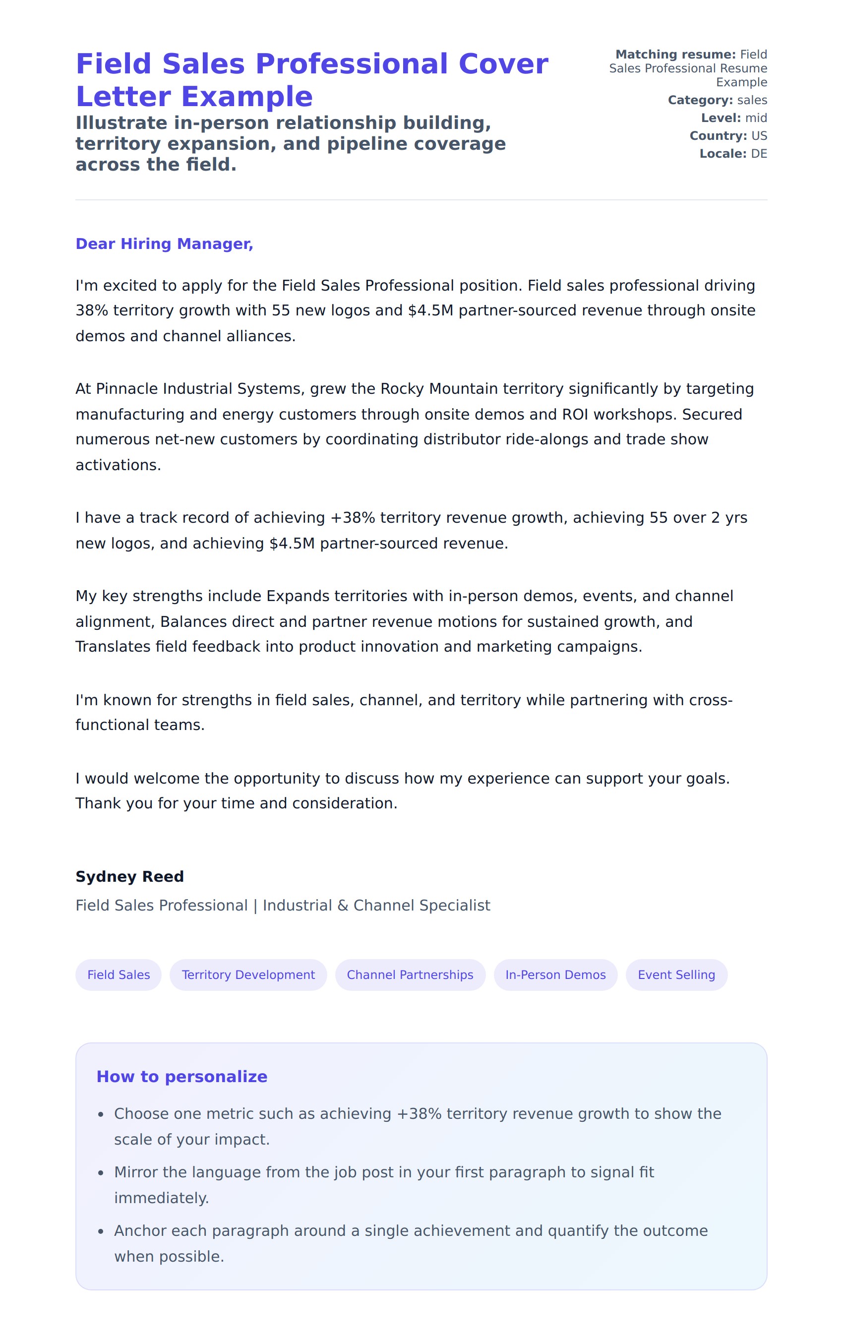 Cover Letter preview for Field Sales Professional Cover Letter Example