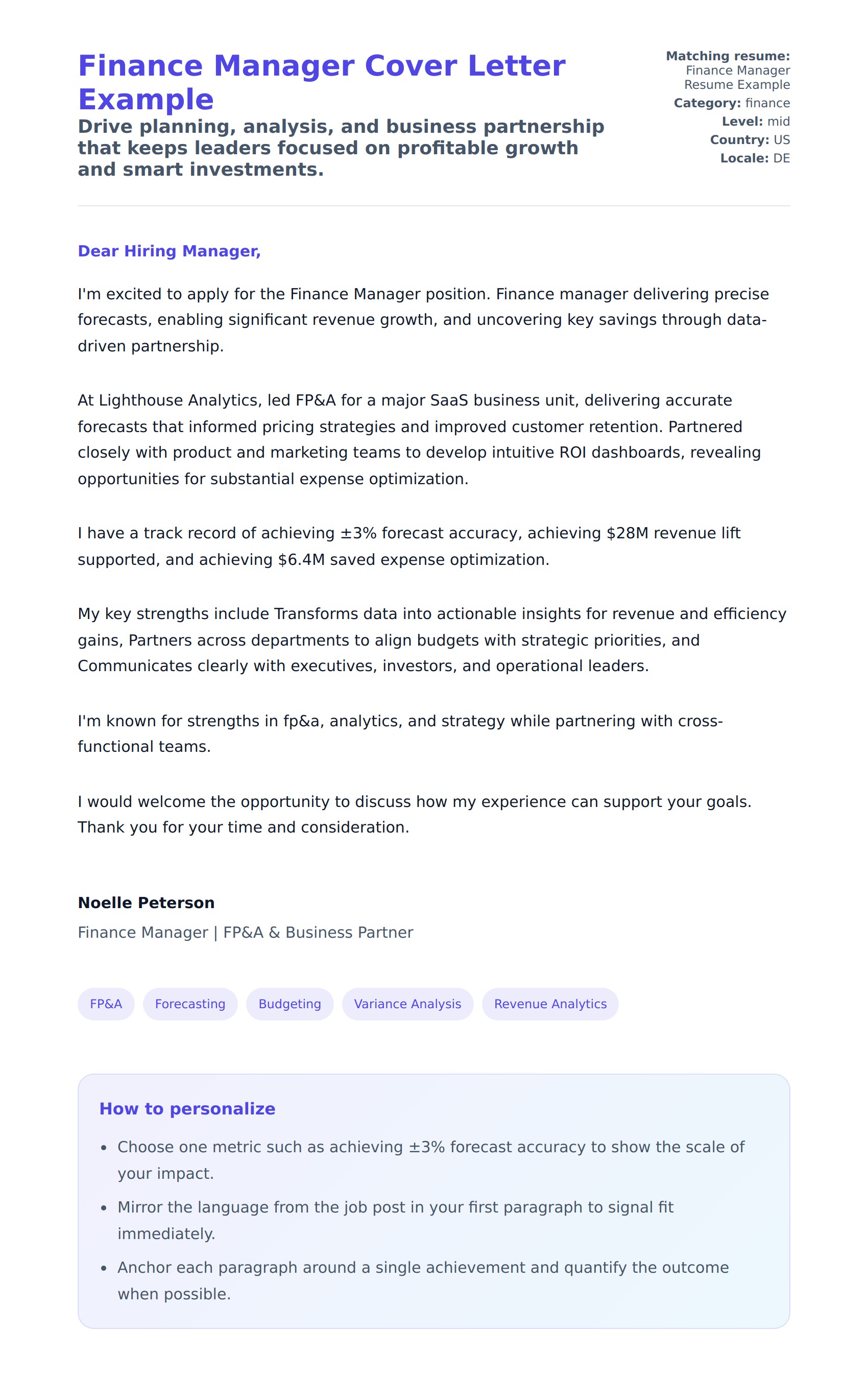 Cover Letter preview for Finance Manager Cover Letter Example