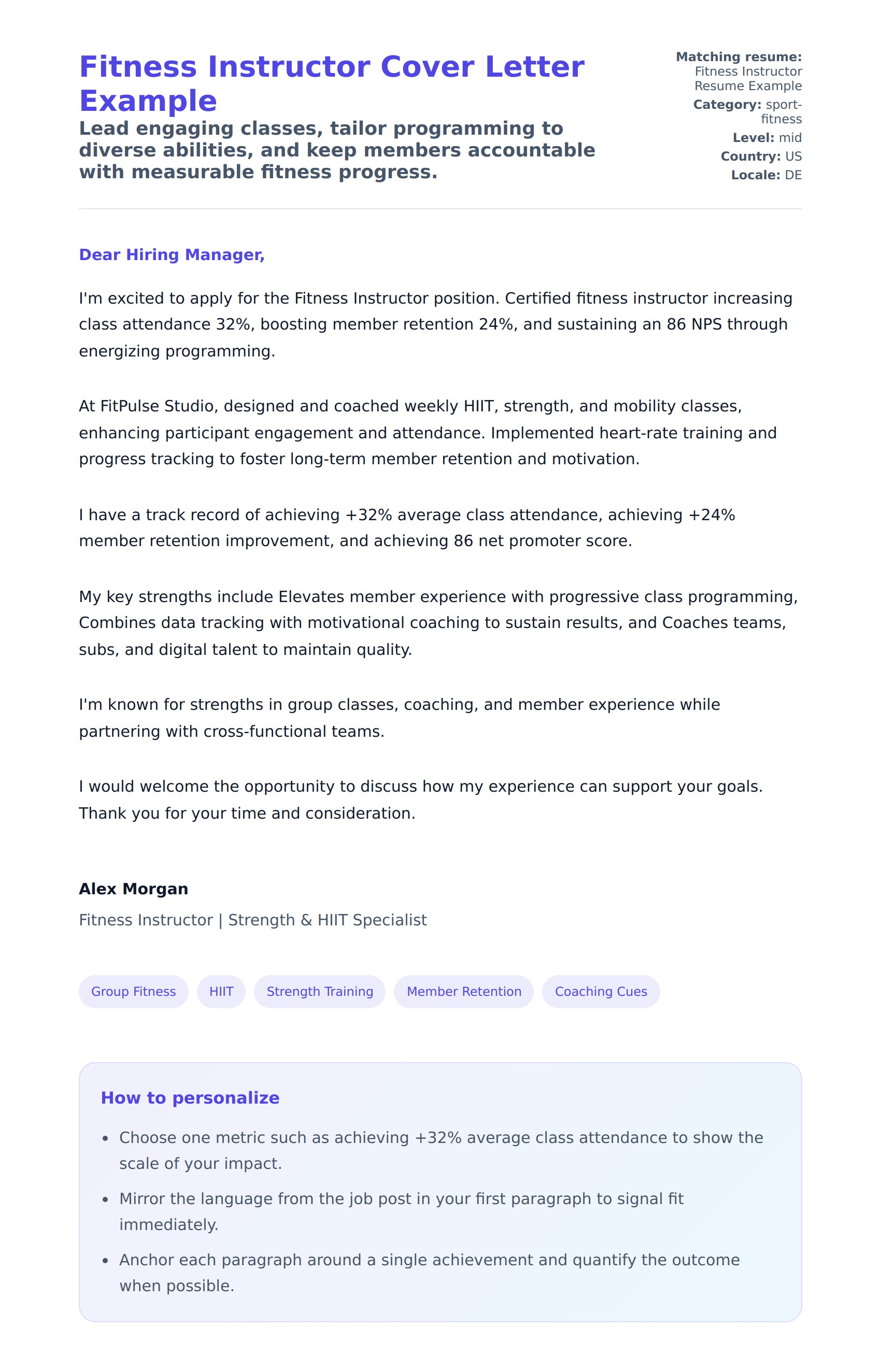 Cover Letter preview for Fitness Instructor Cover Letter Example