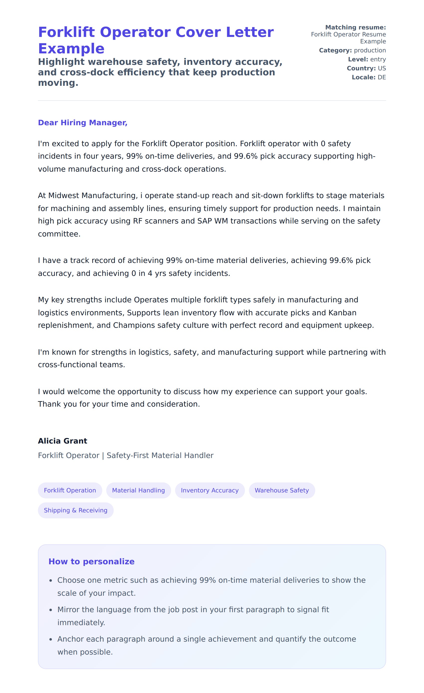 Cover Letter preview for Forklift Operator Cover Letter Example