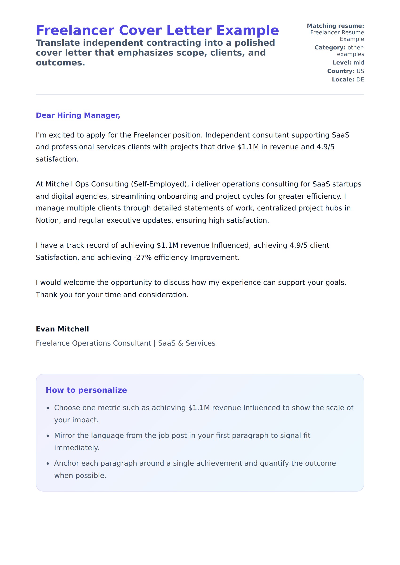 Cover Letter preview for Freelancer Cover Letter Example