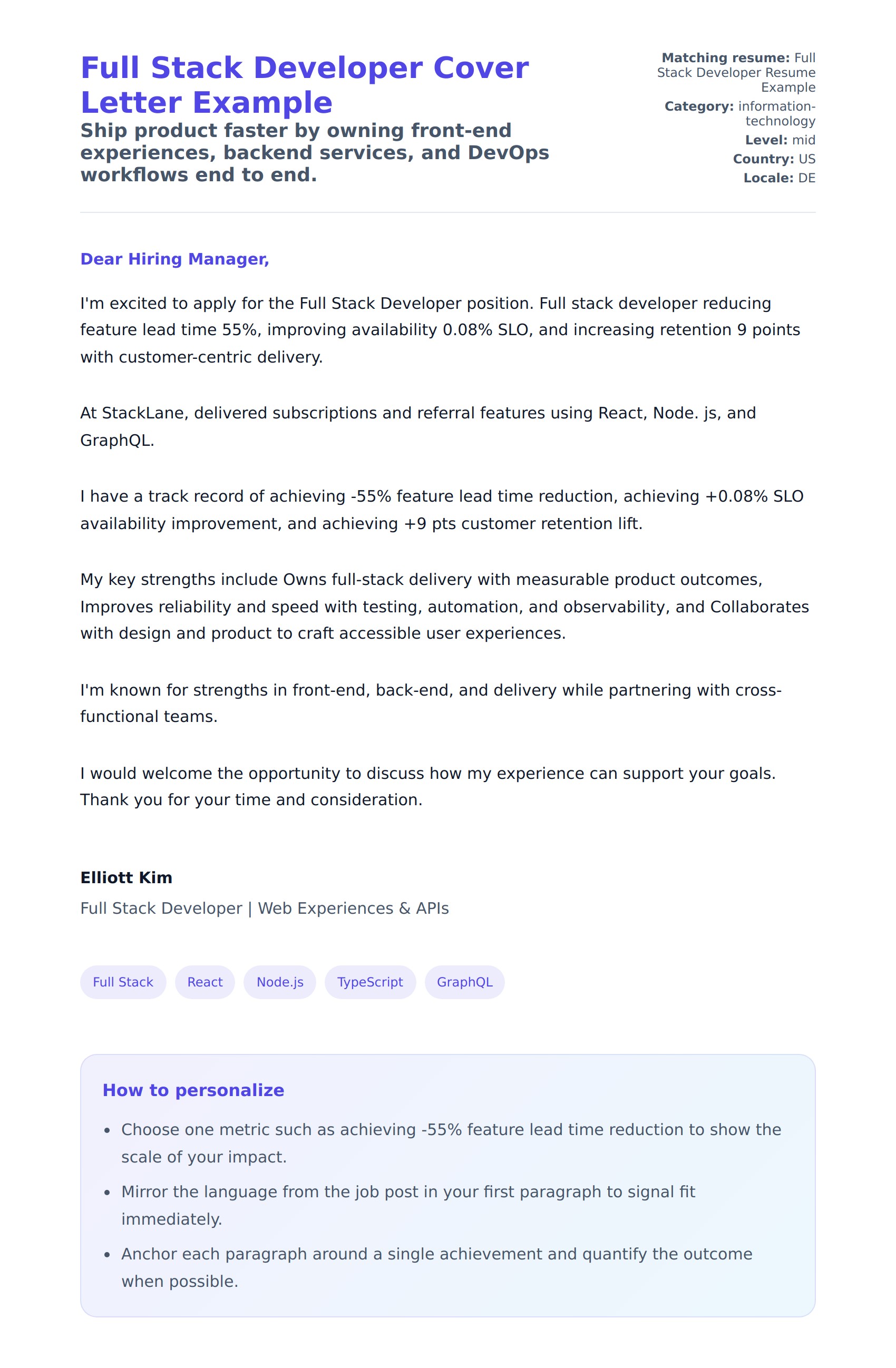 Cover Letter preview for Full Stack Developer Cover Letter Example