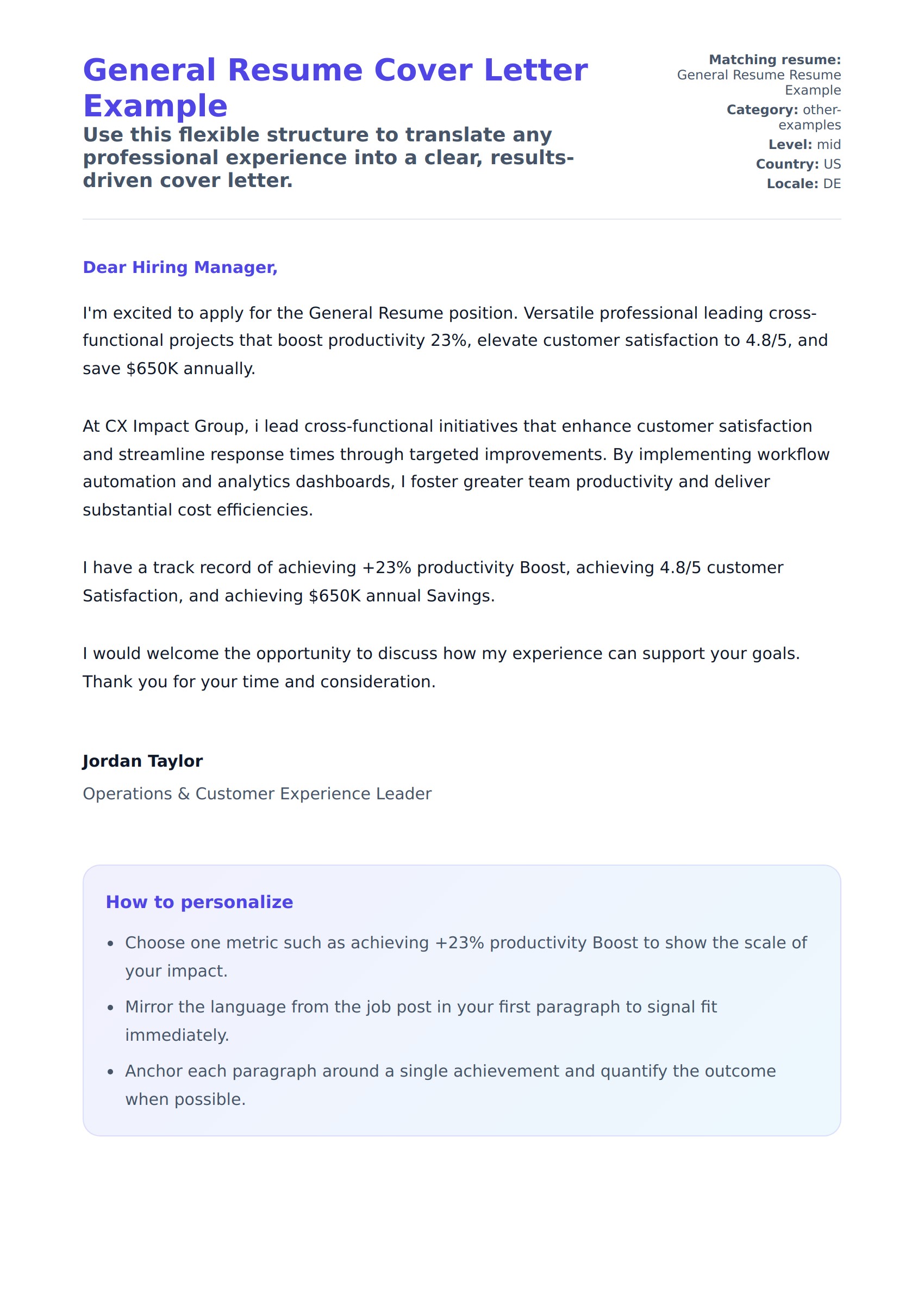 Cover Letter preview for General Resume Cover Letter Example