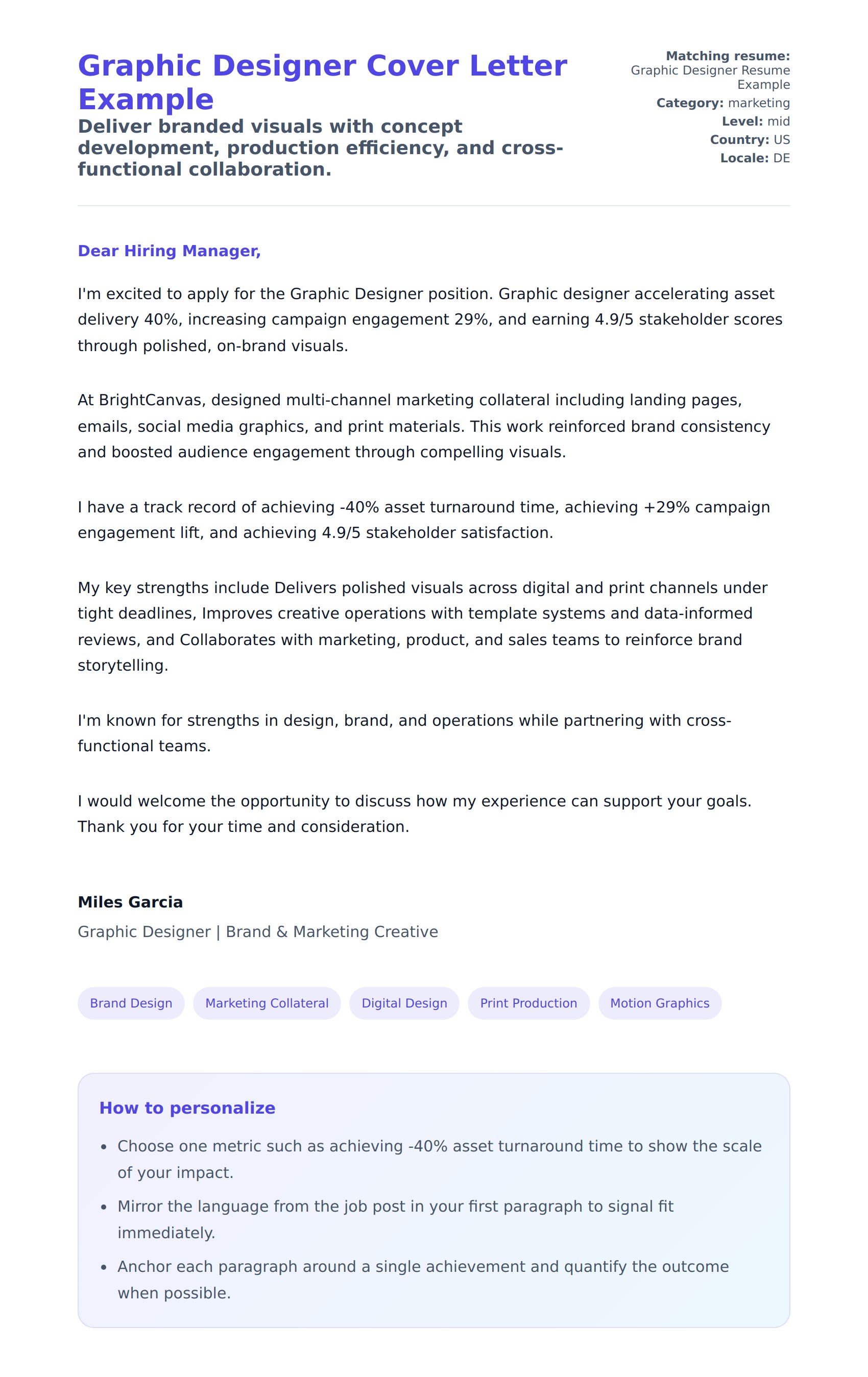 Cover Letter preview for Graphic Designer Cover Letter Example