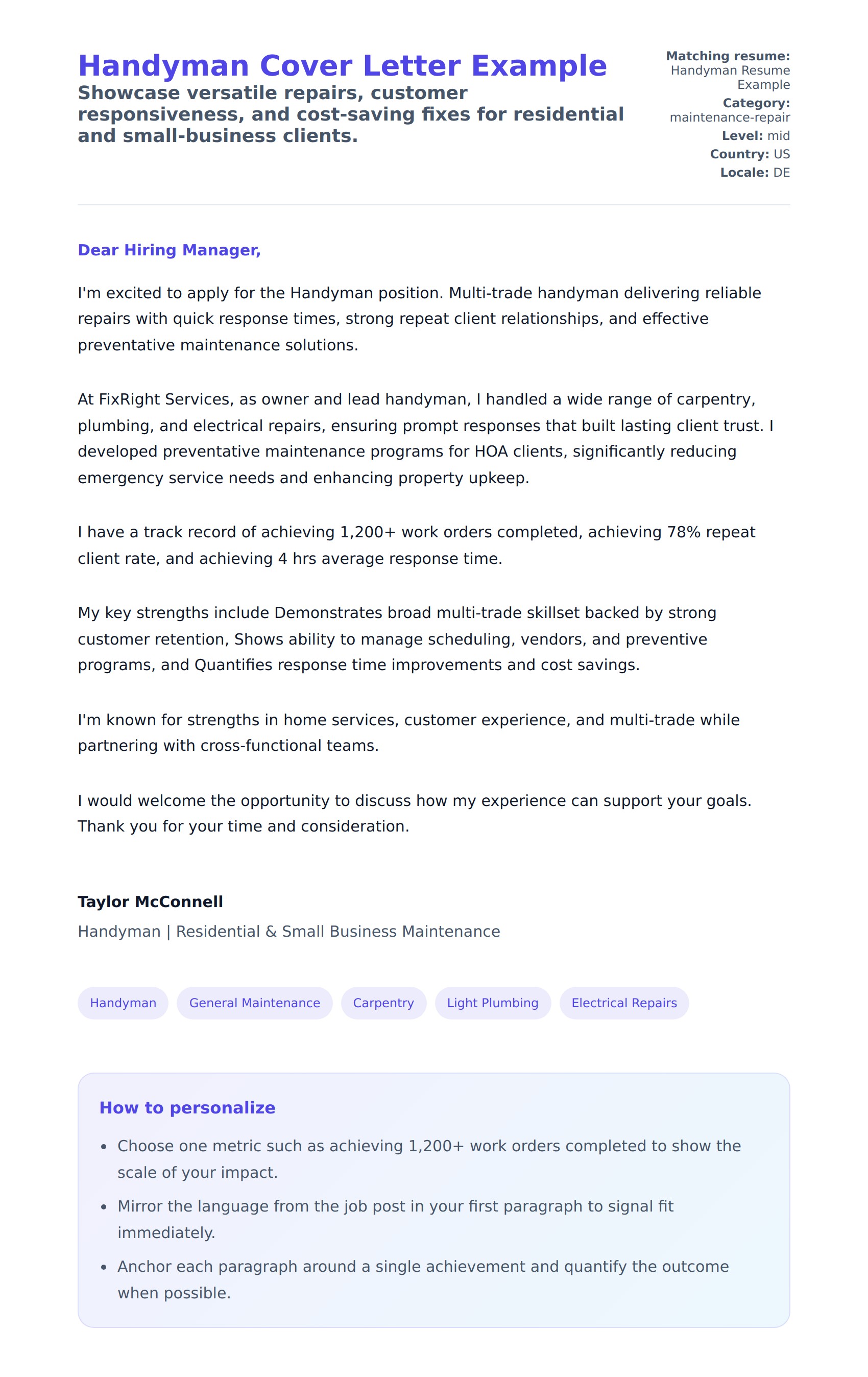 Cover Letter preview for Handyman Cover Letter Example