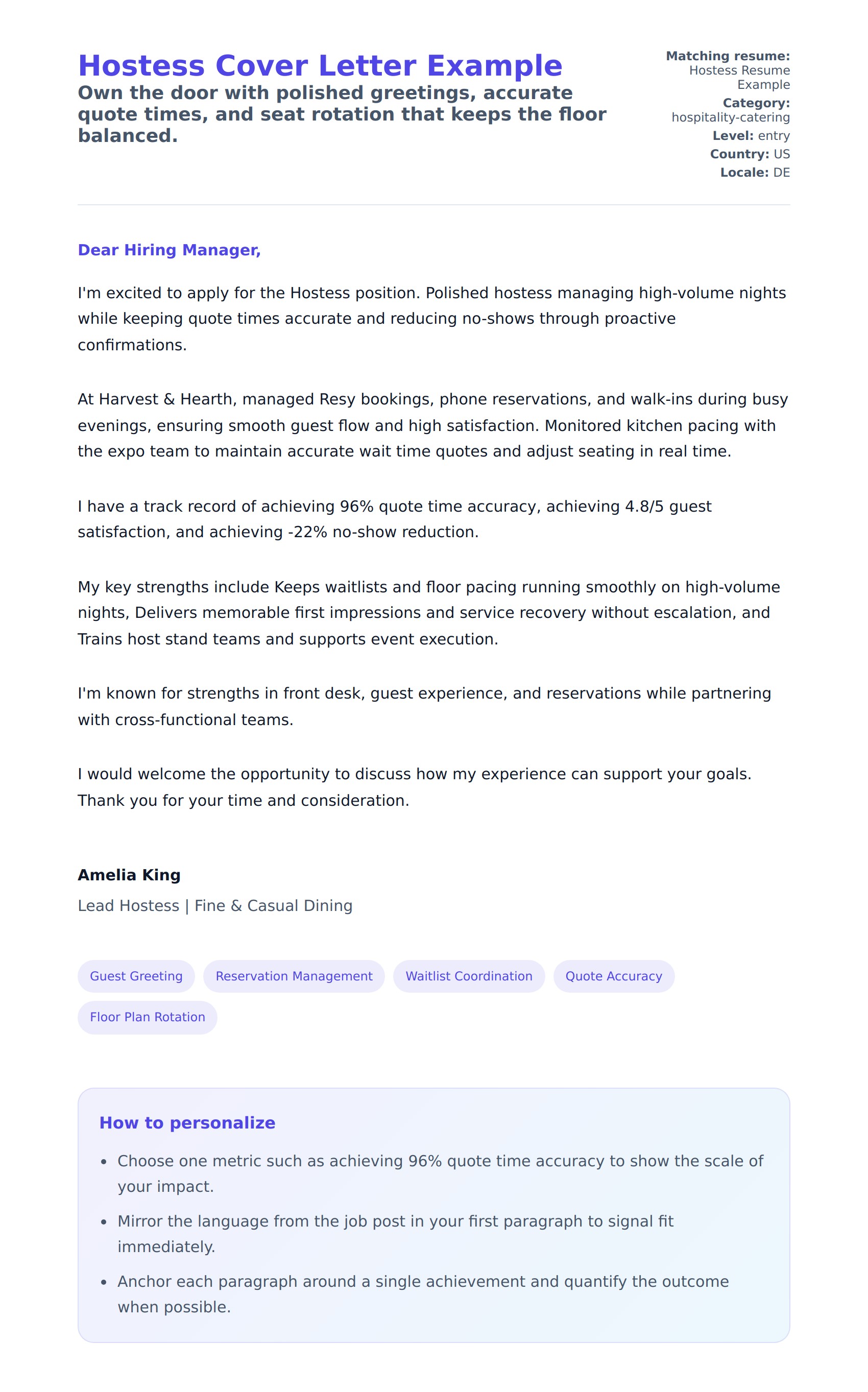 Cover Letter preview for Hostess Cover Letter Example