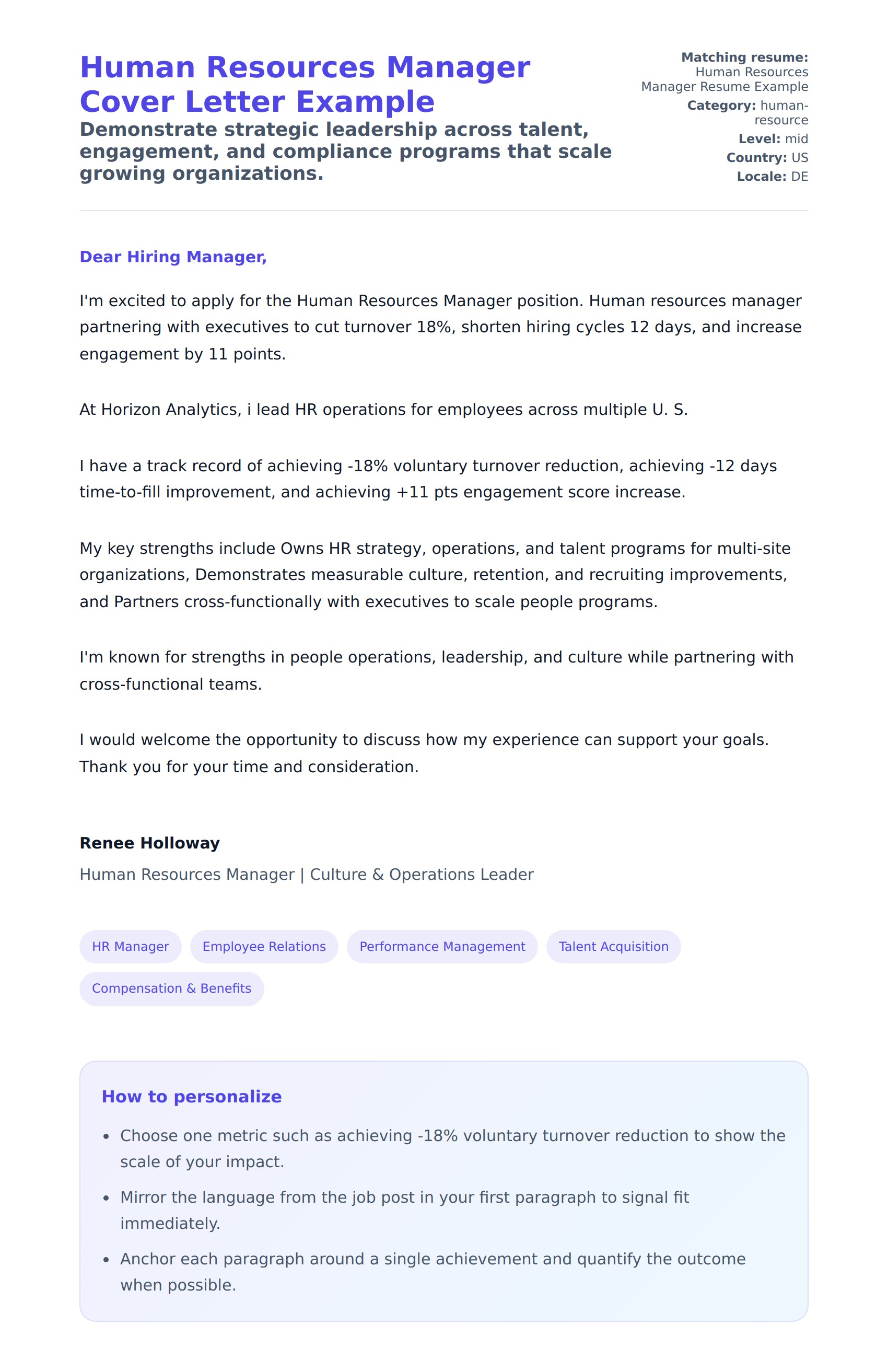 Cover Letter preview for Human Resources Manager Cover Letter Example