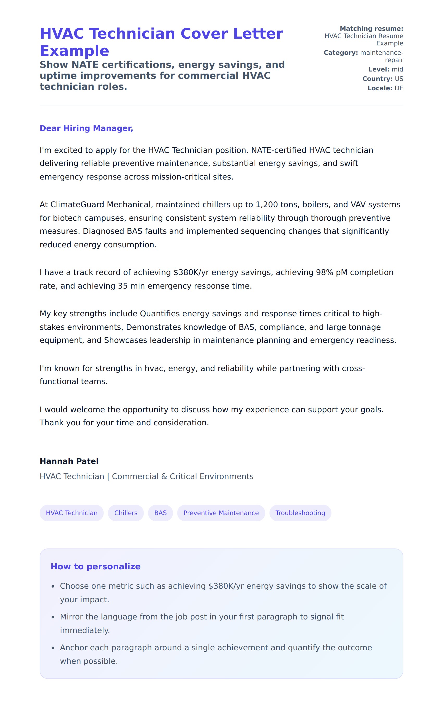 Cover Letter preview for HVAC Technician Cover Letter Example