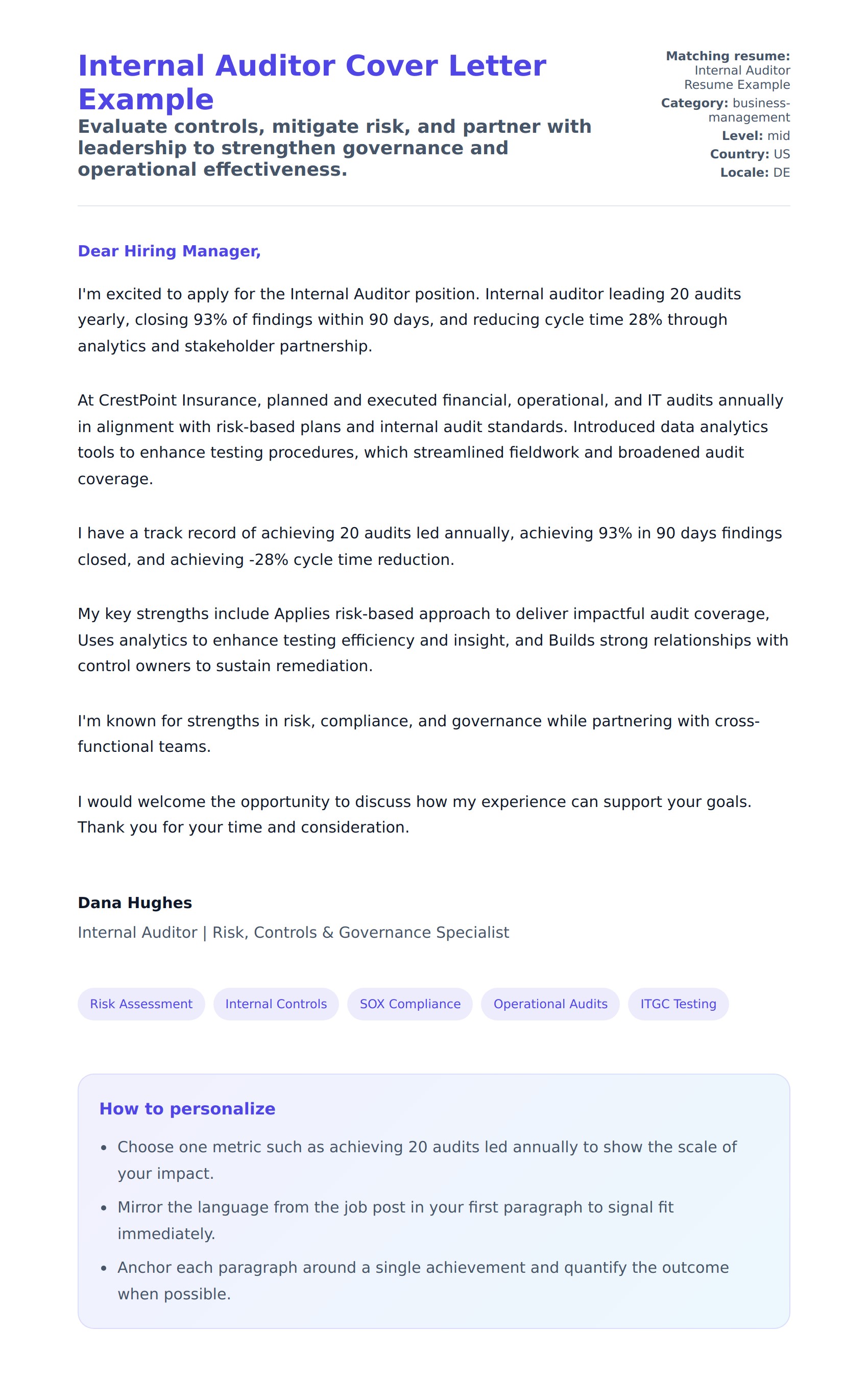 Cover Letter preview for Internal Auditor Cover Letter Example