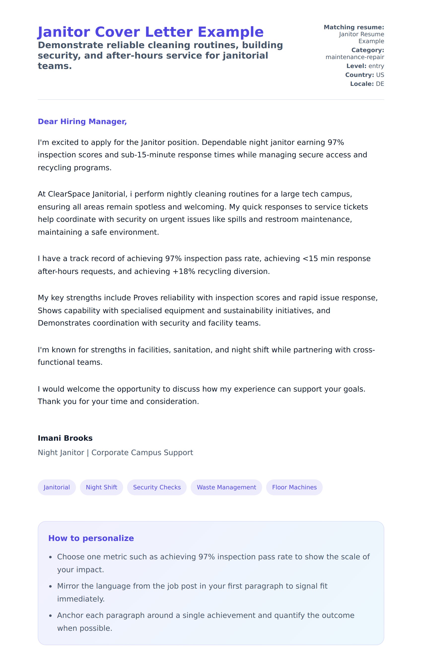 Cover Letter preview for Janitor Cover Letter Example