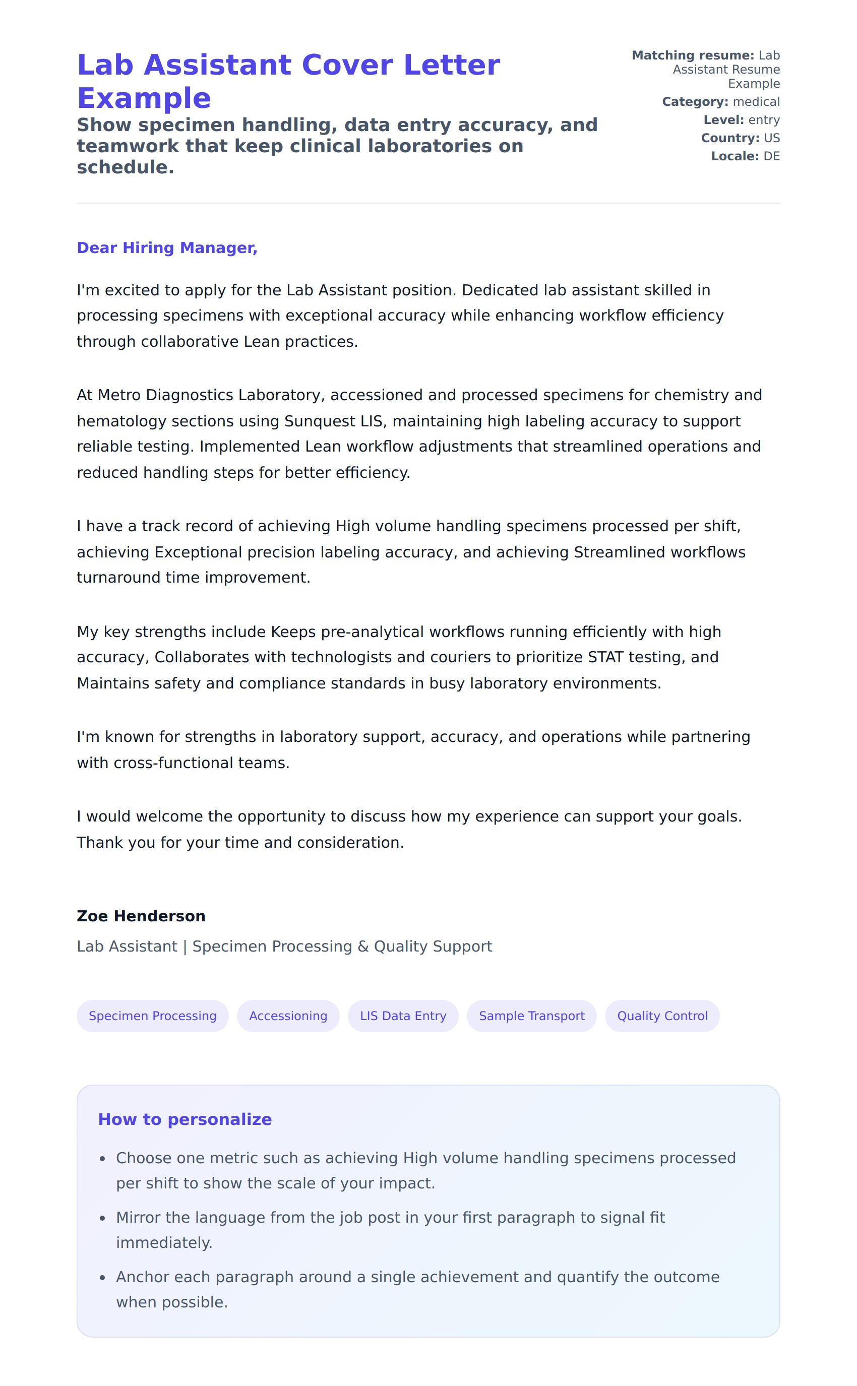 Cover Letter preview for Lab Assistant Cover Letter Example