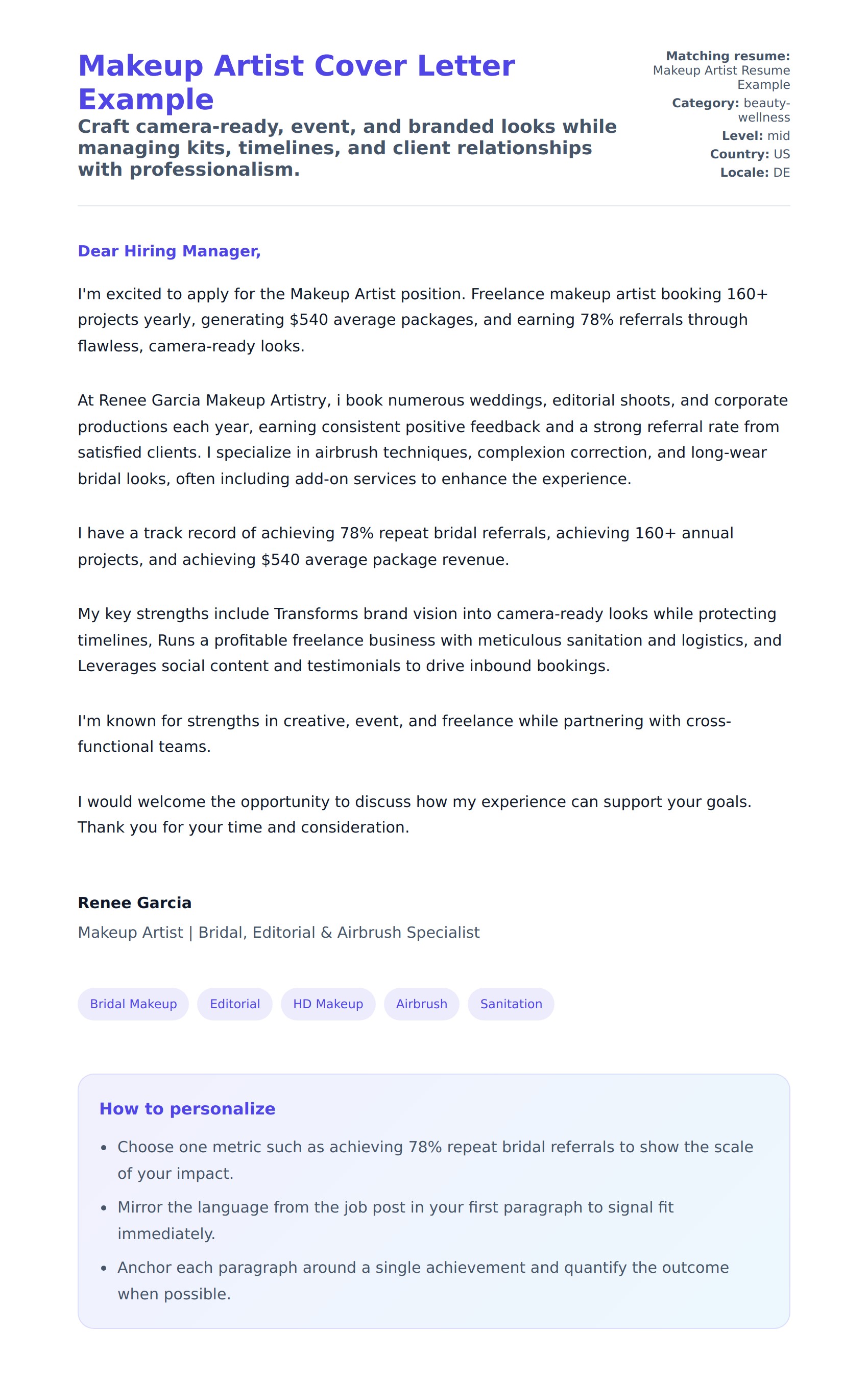 Cover Letter preview for Makeup Artist Cover Letter Example