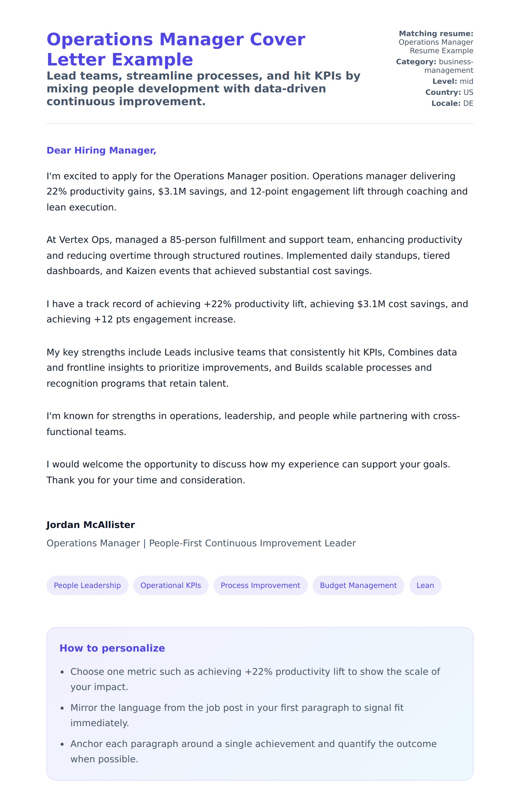 Cover Letter preview for Operations Manager Cover Letter Example