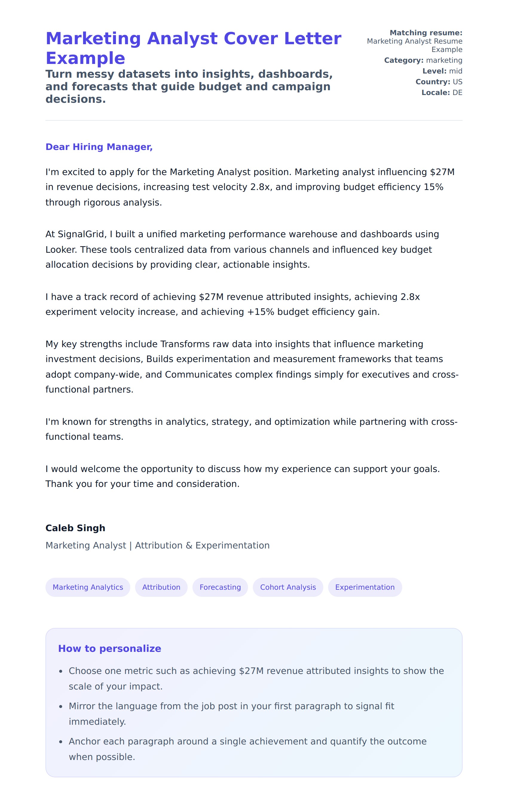 Cover Letter preview for Marketing Analyst Cover Letter Example