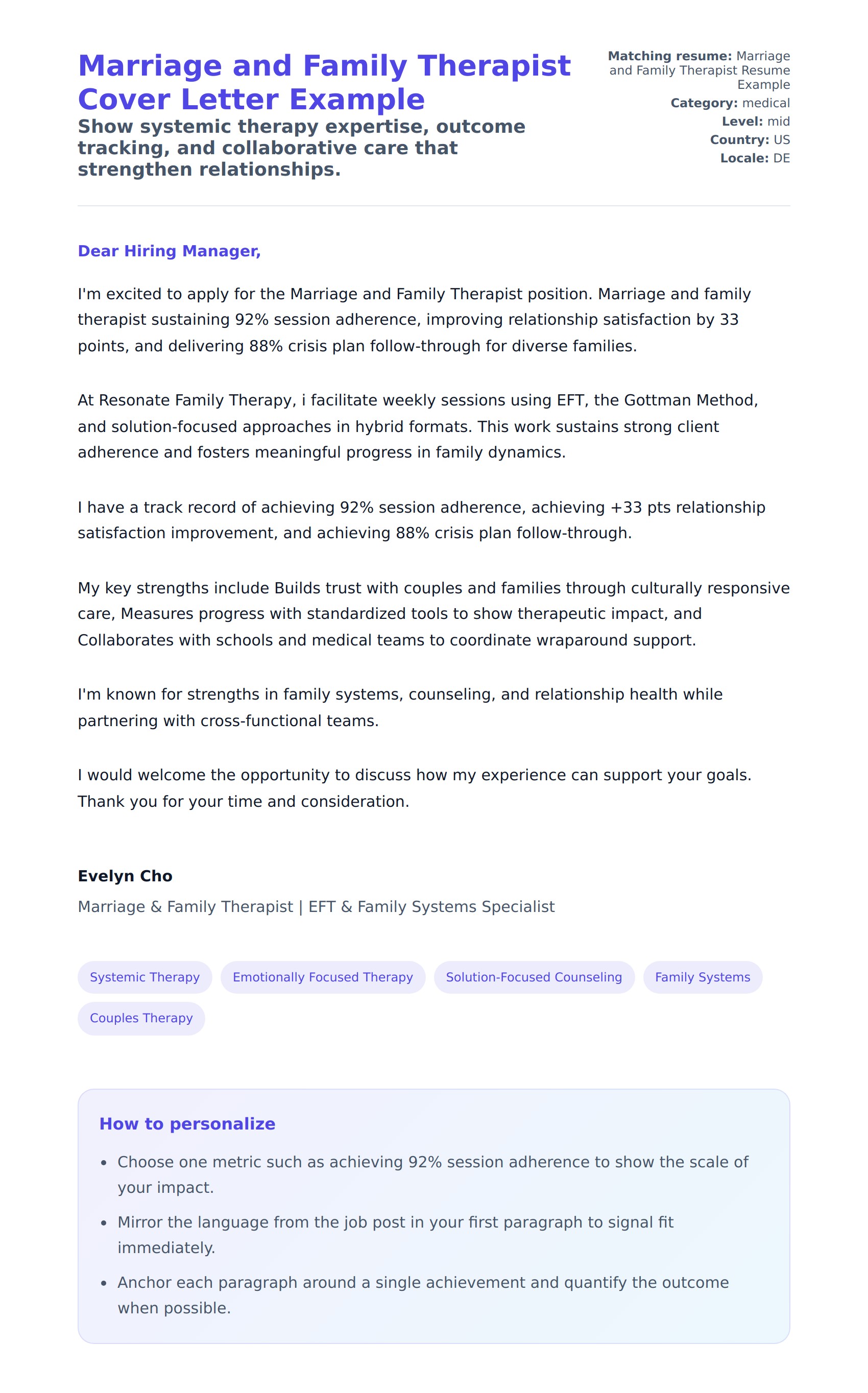 Cover Letter preview for Marriage and Family Therapist Cover Letter Example