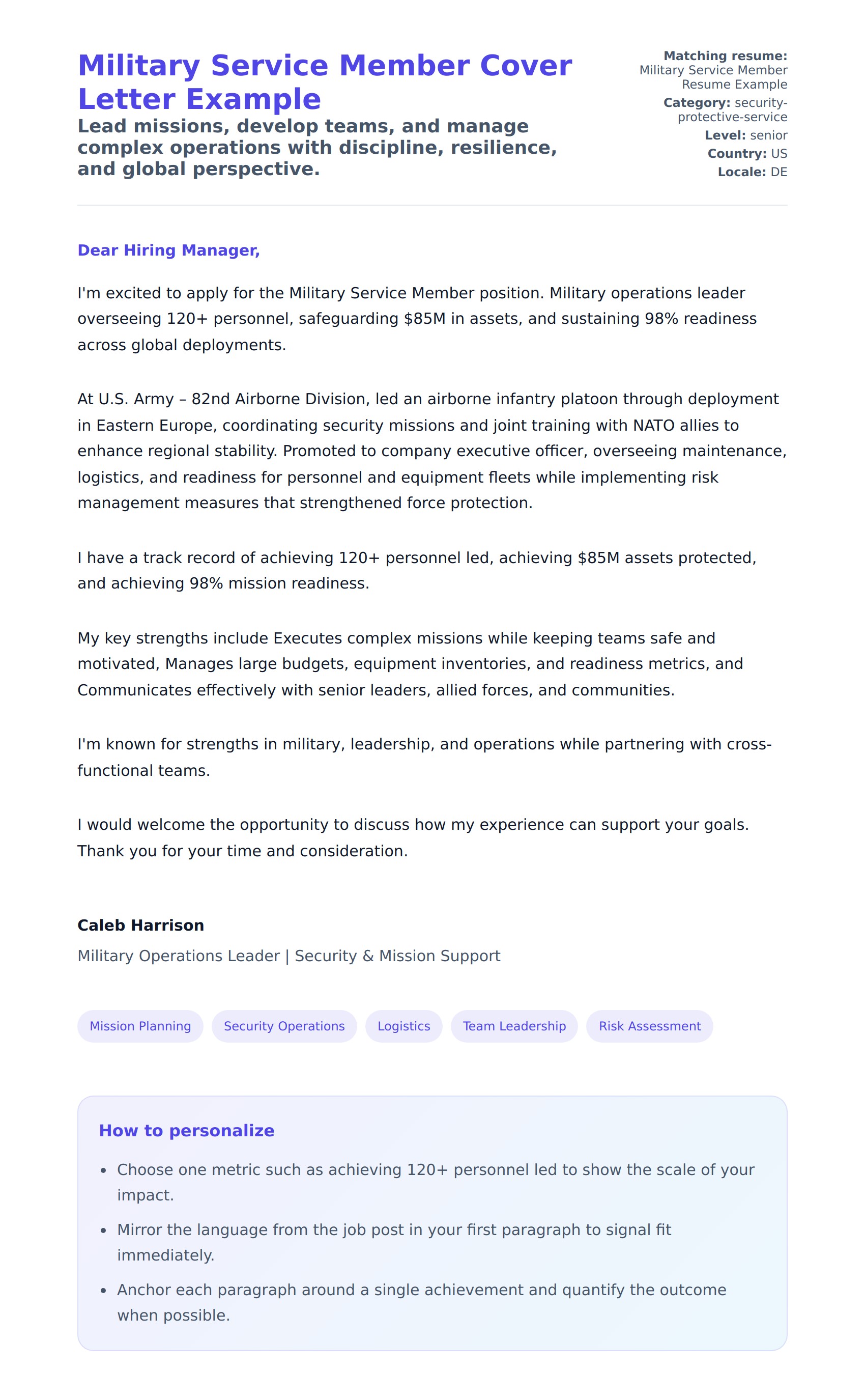 Cover Letter preview for Military Service Member Cover Letter Example