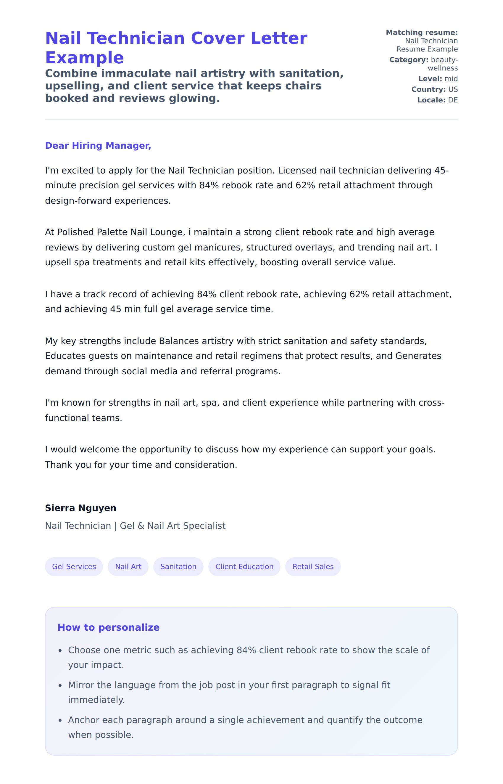 Cover Letter preview for Nail Technician Cover Letter Example