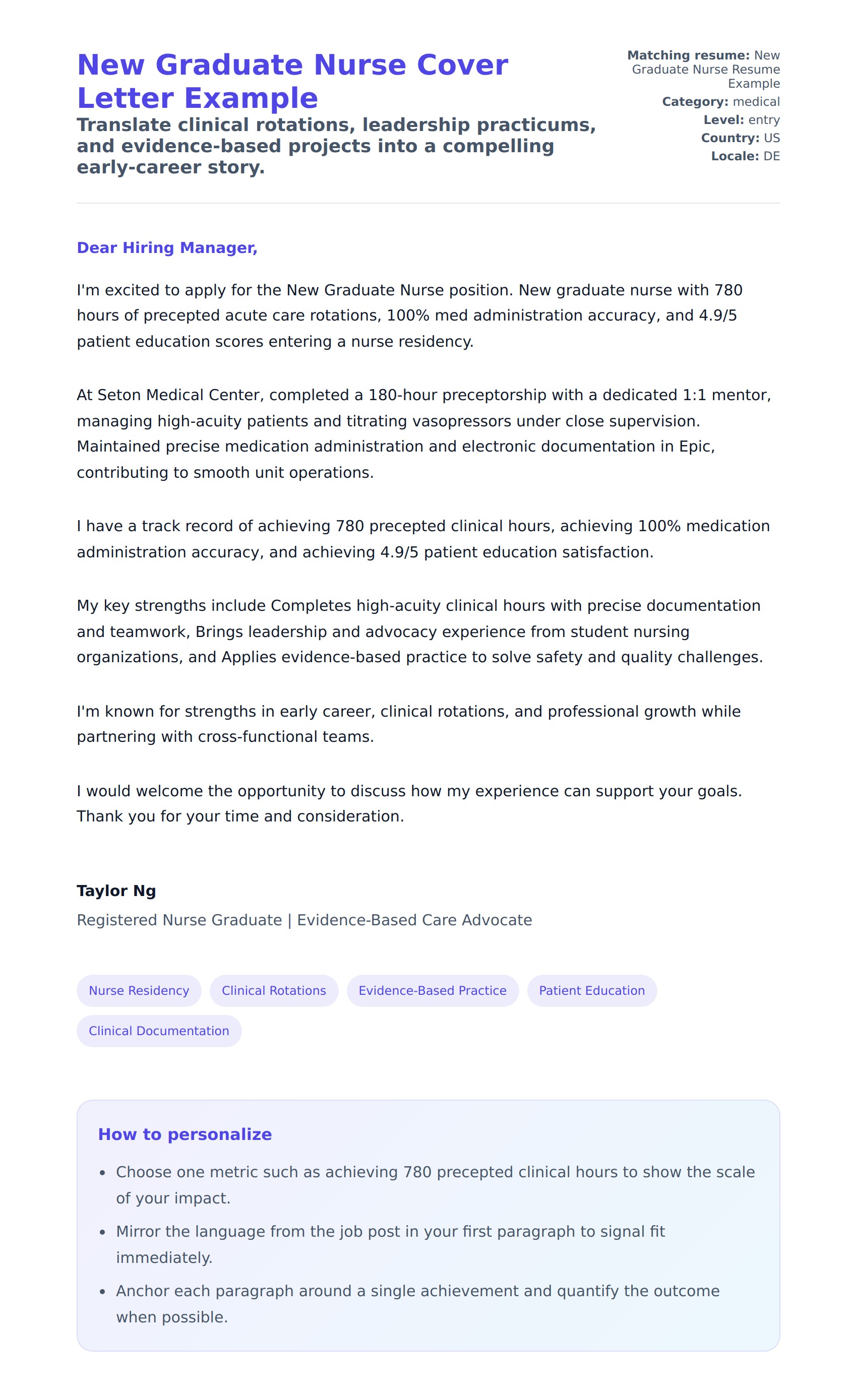 Cover Letter preview for New Graduate Nurse Cover Letter Example