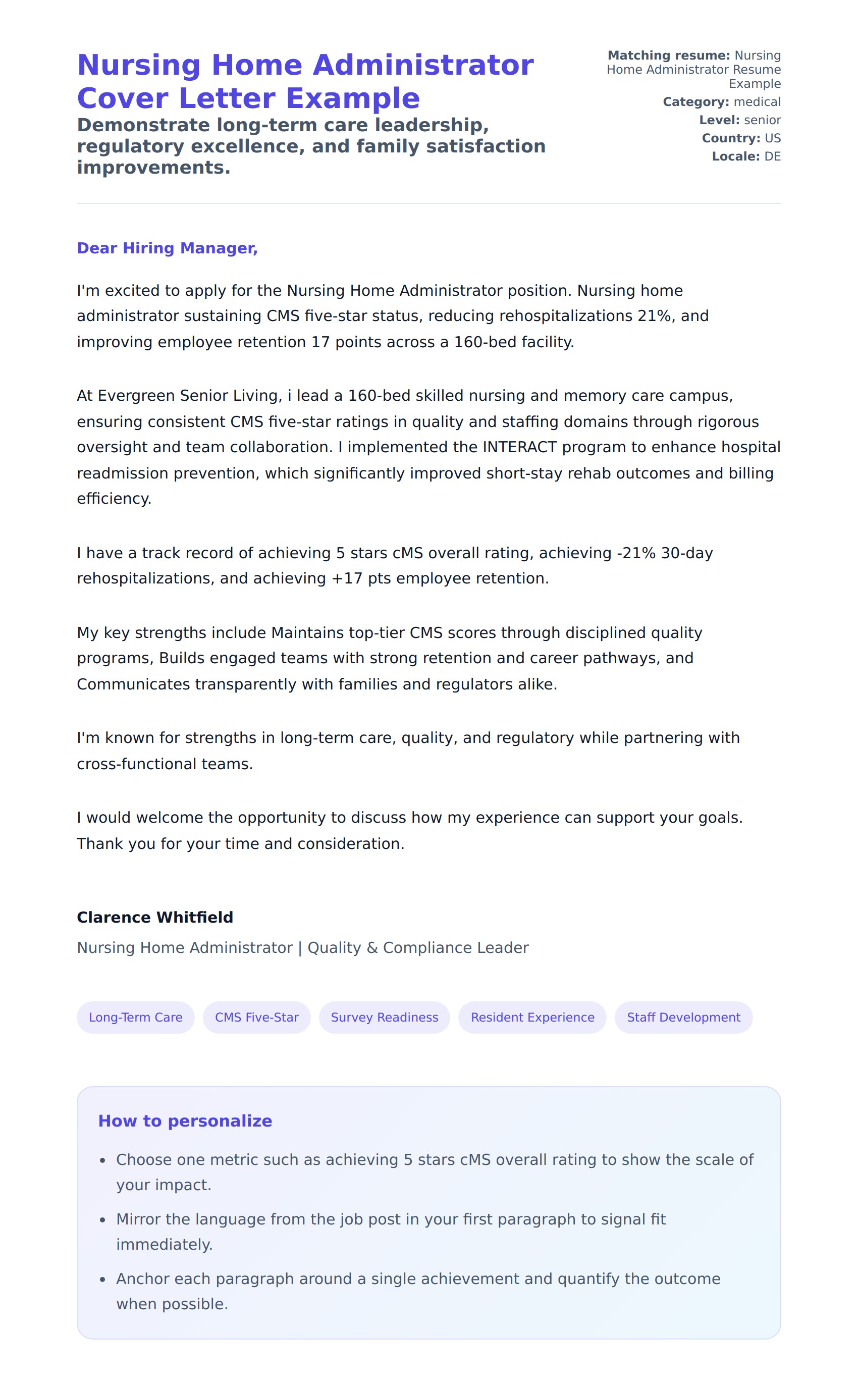 Cover Letter preview for Nursing Home Administrator Cover Letter Example