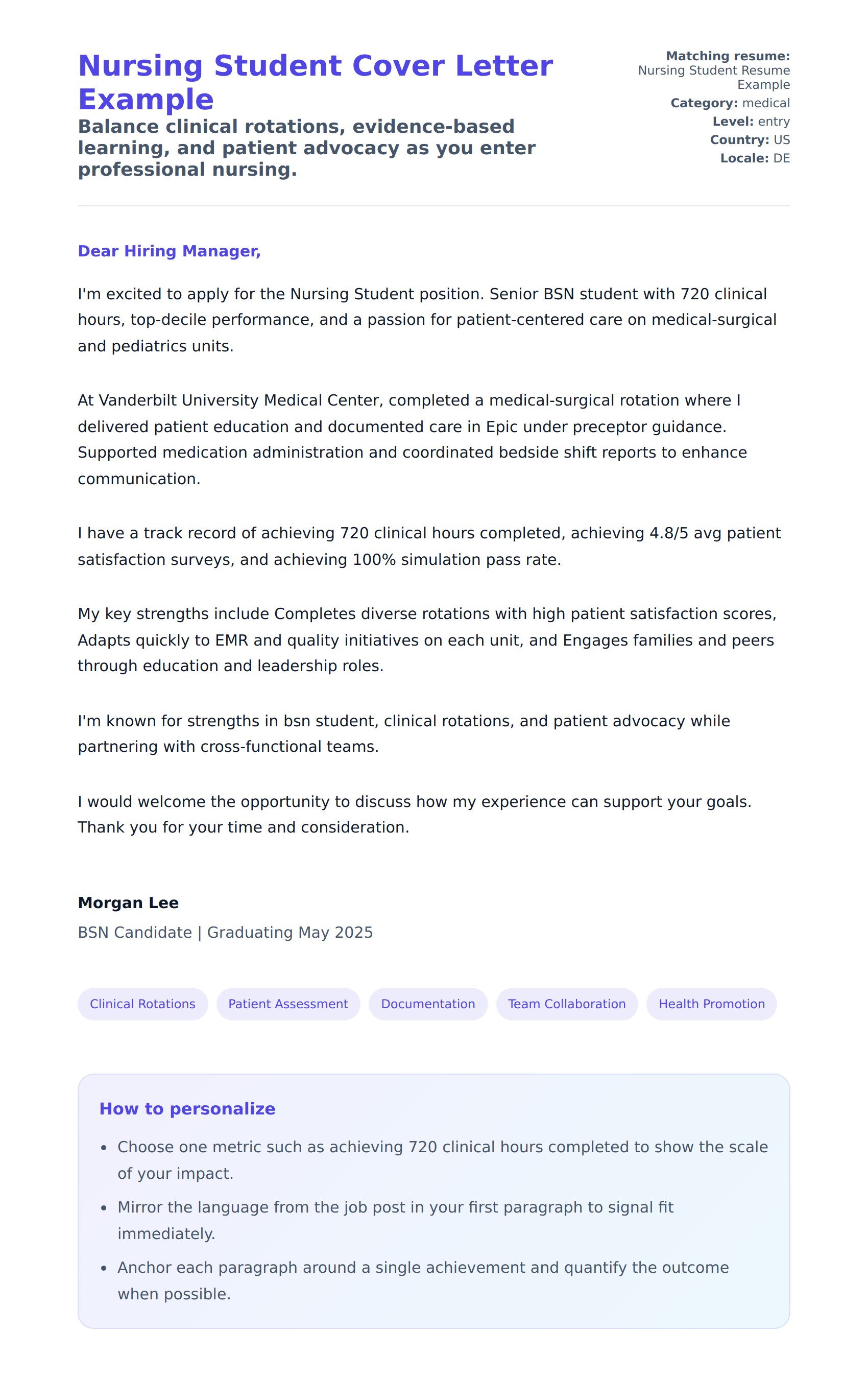 Cover Letter preview for Nursing Student Cover Letter Example