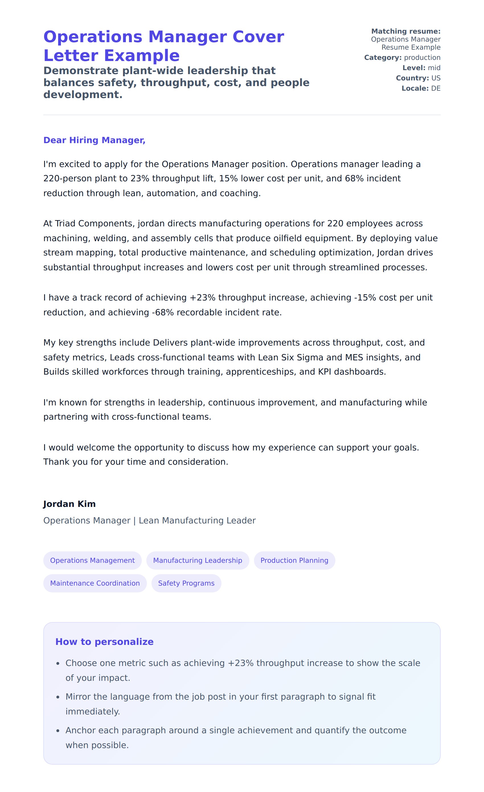 Cover Letter preview for Operations Manager Cover Letter Example