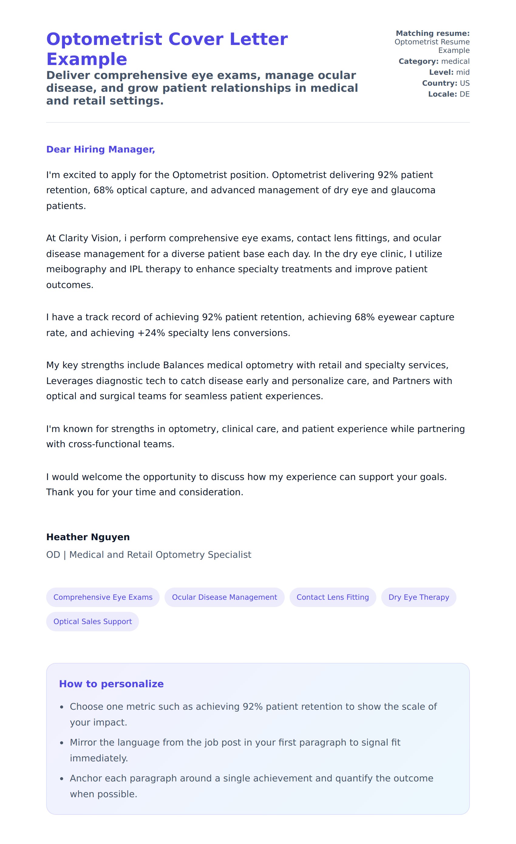 Cover Letter preview for Optometrist Cover Letter Example
