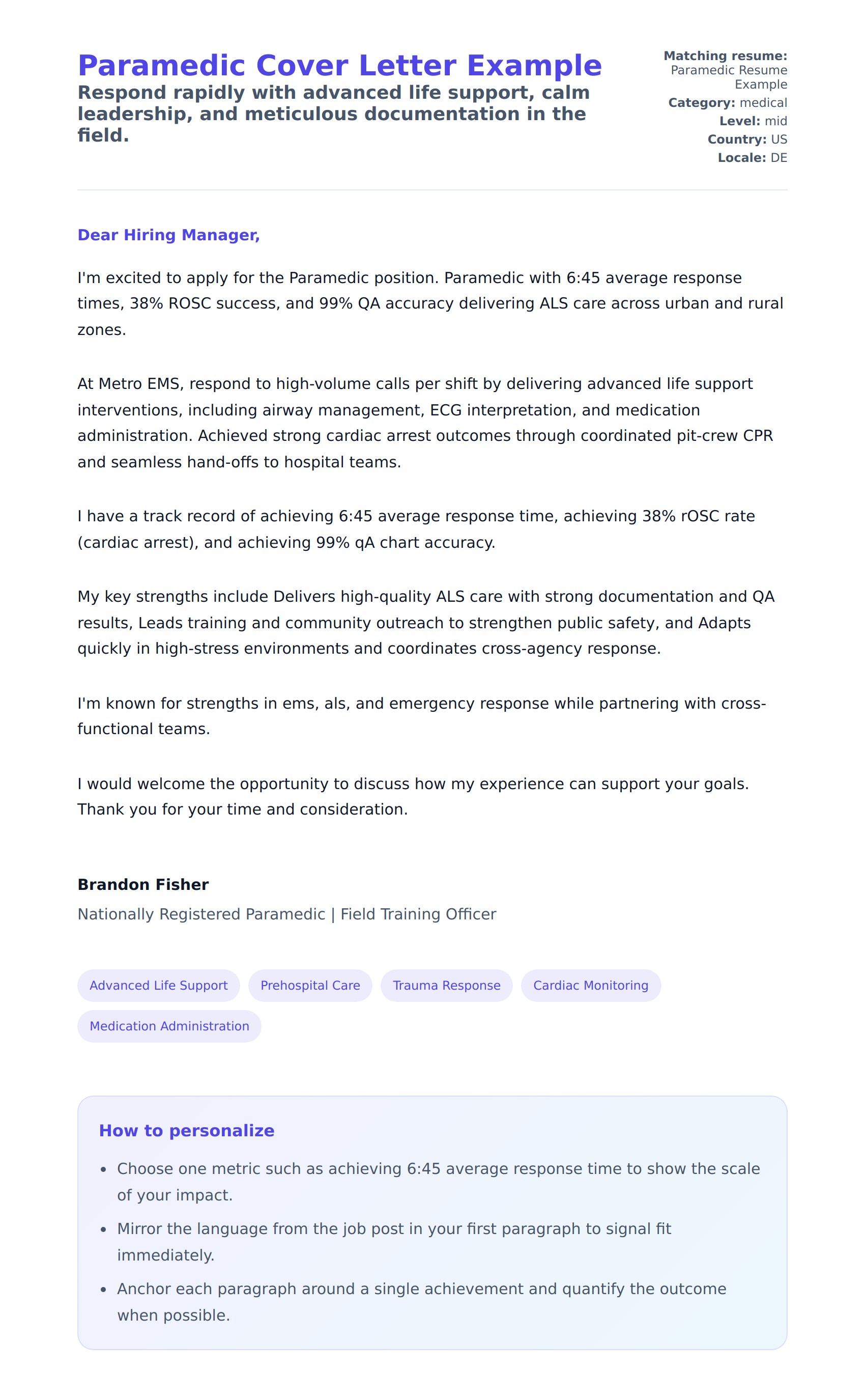 Cover Letter preview for Paramedic Cover Letter Example