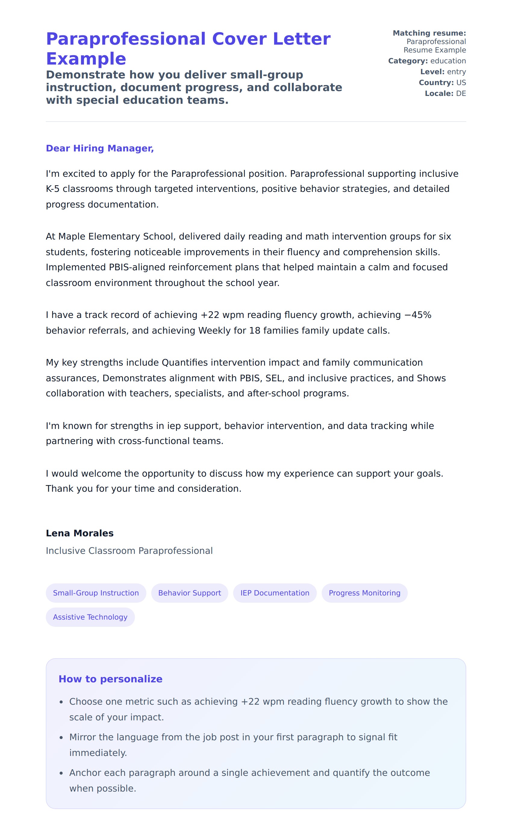 Cover Letter preview for Paraprofessional Cover Letter Example