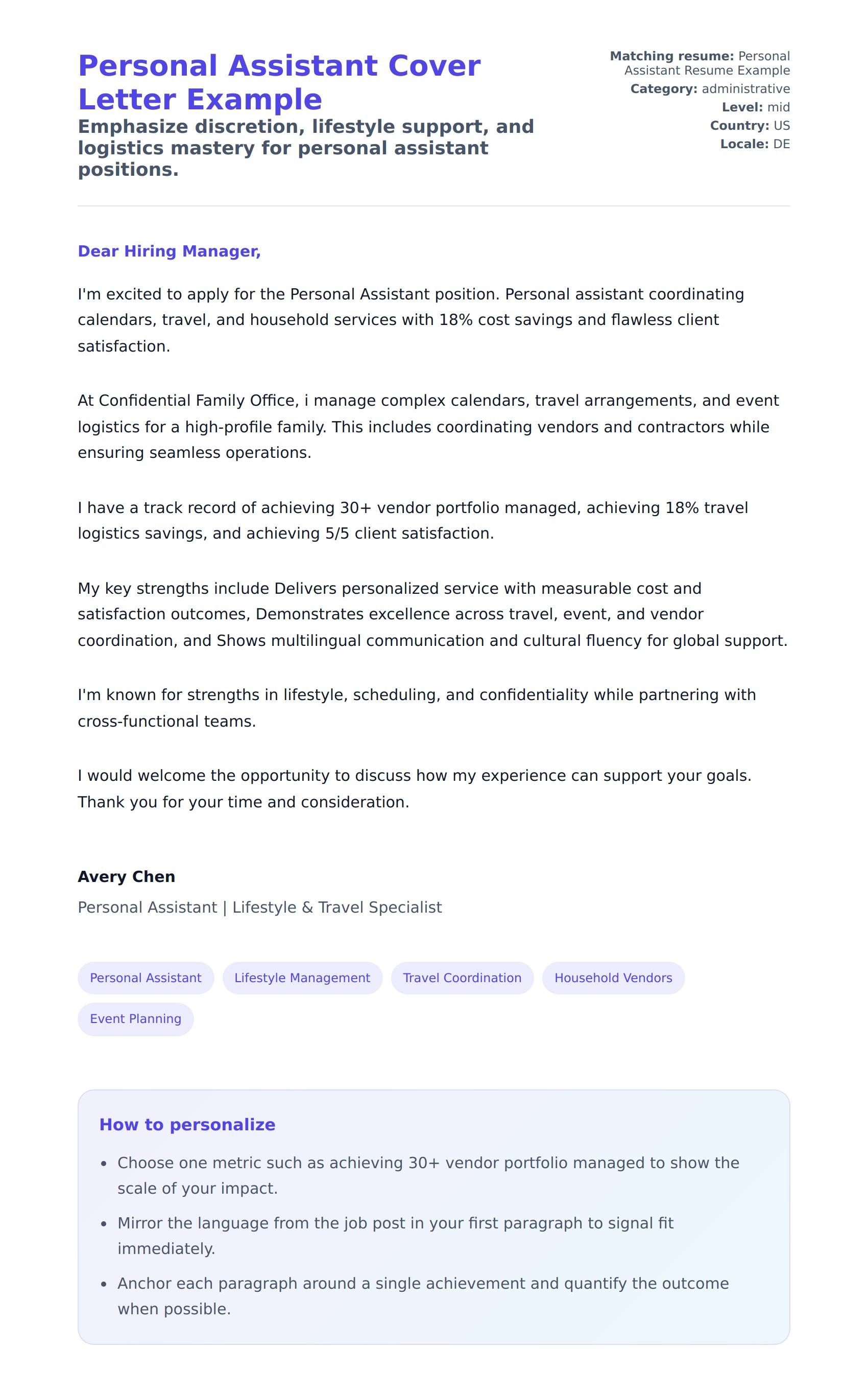 Cover Letter preview for Personal Assistant Cover Letter Example