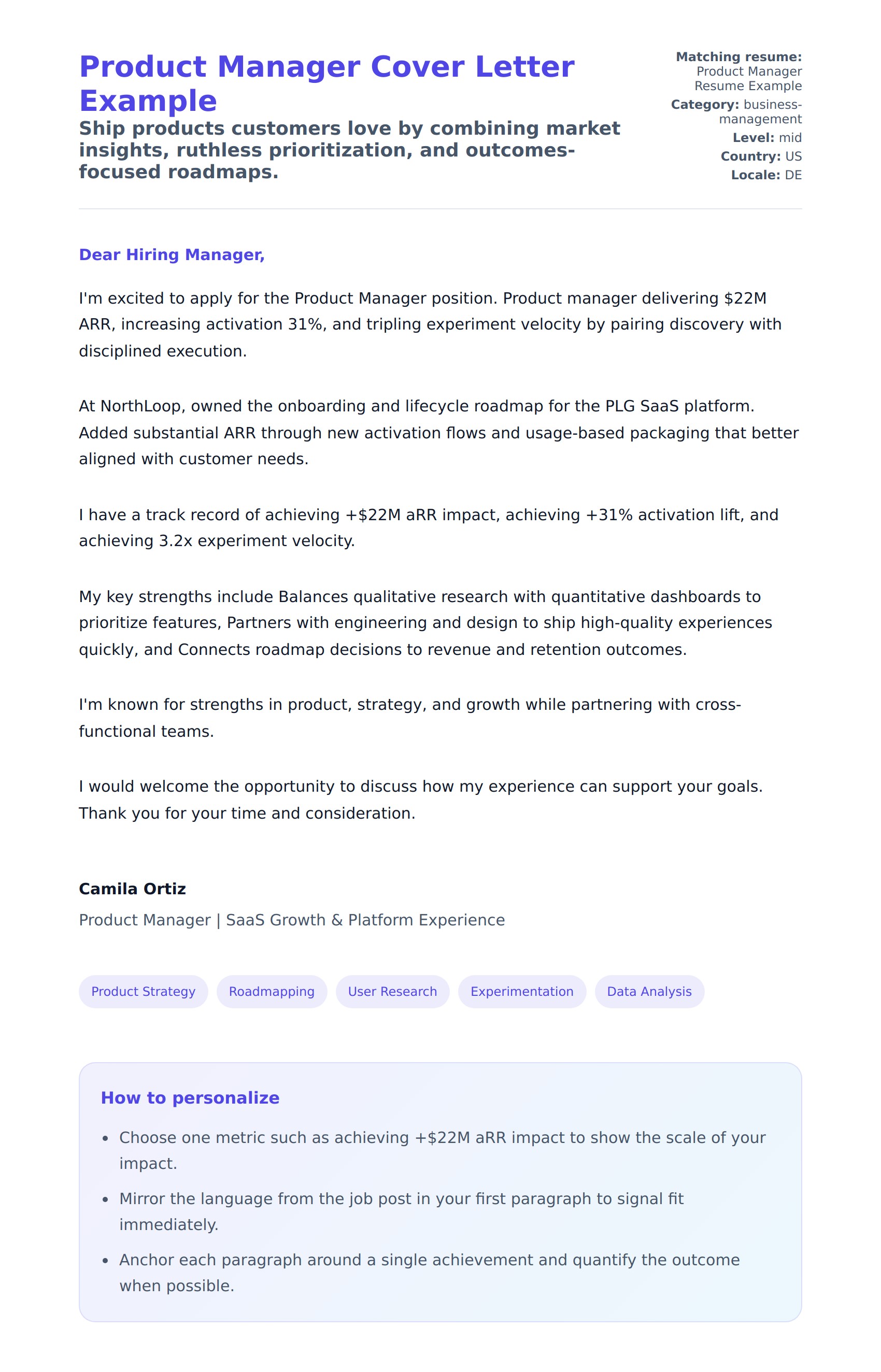 Cover Letter preview for Product Manager Cover Letter Example