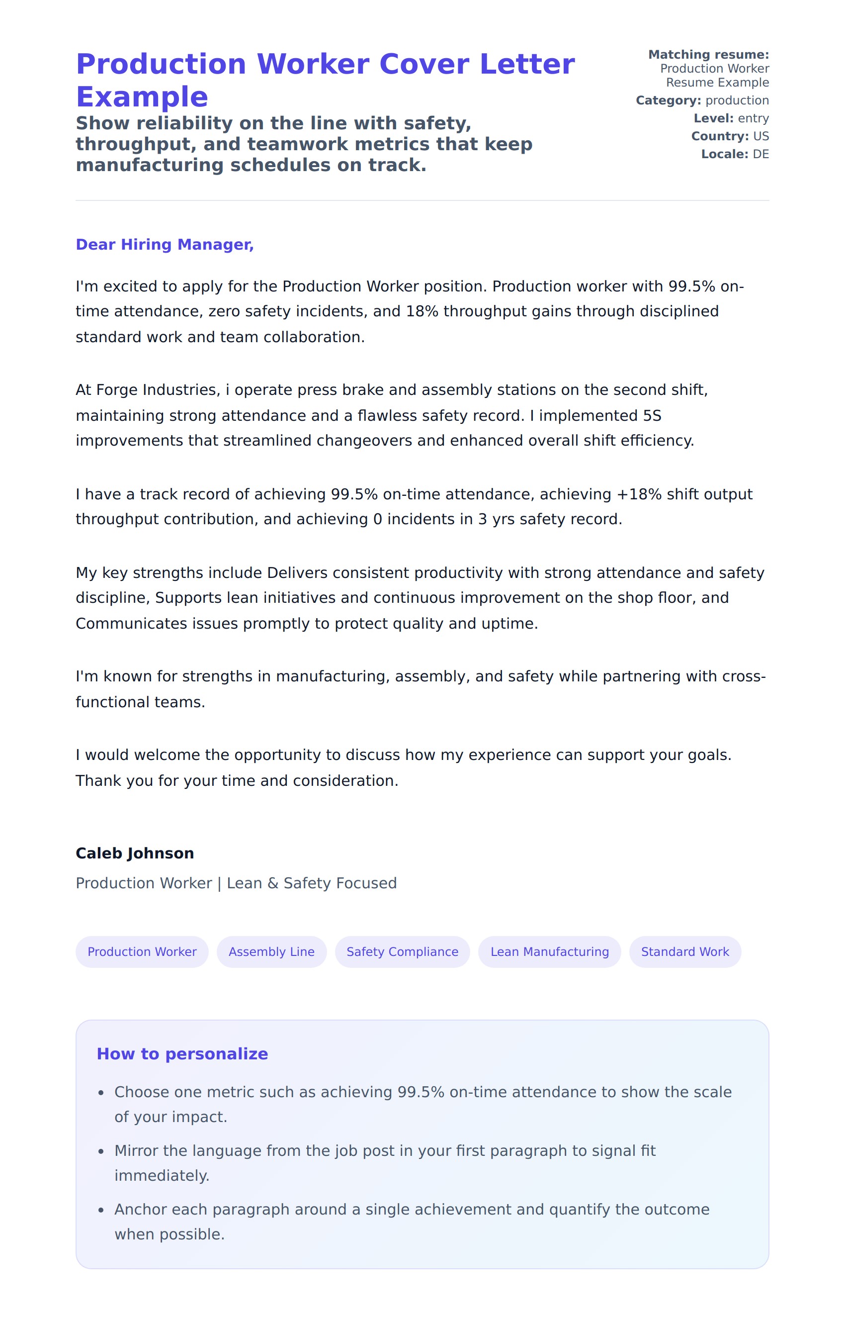 Cover Letter preview for Production Worker Cover Letter Example