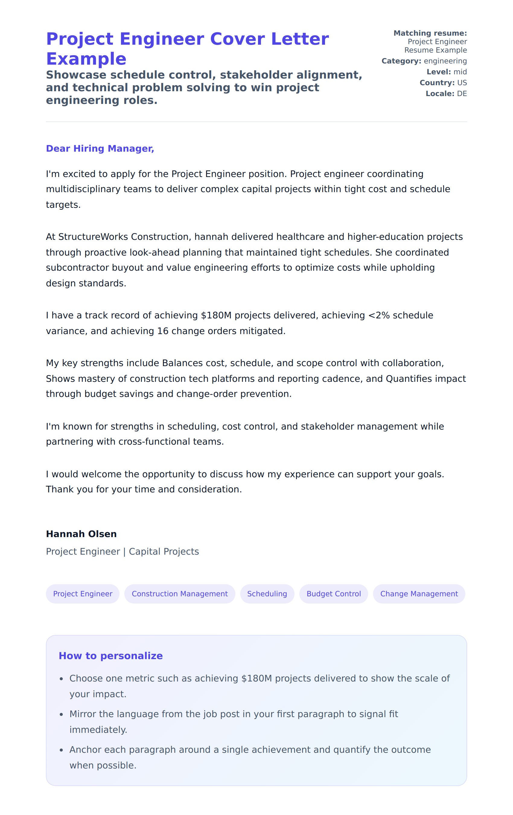 Cover Letter preview for Project Engineer Cover Letter Example