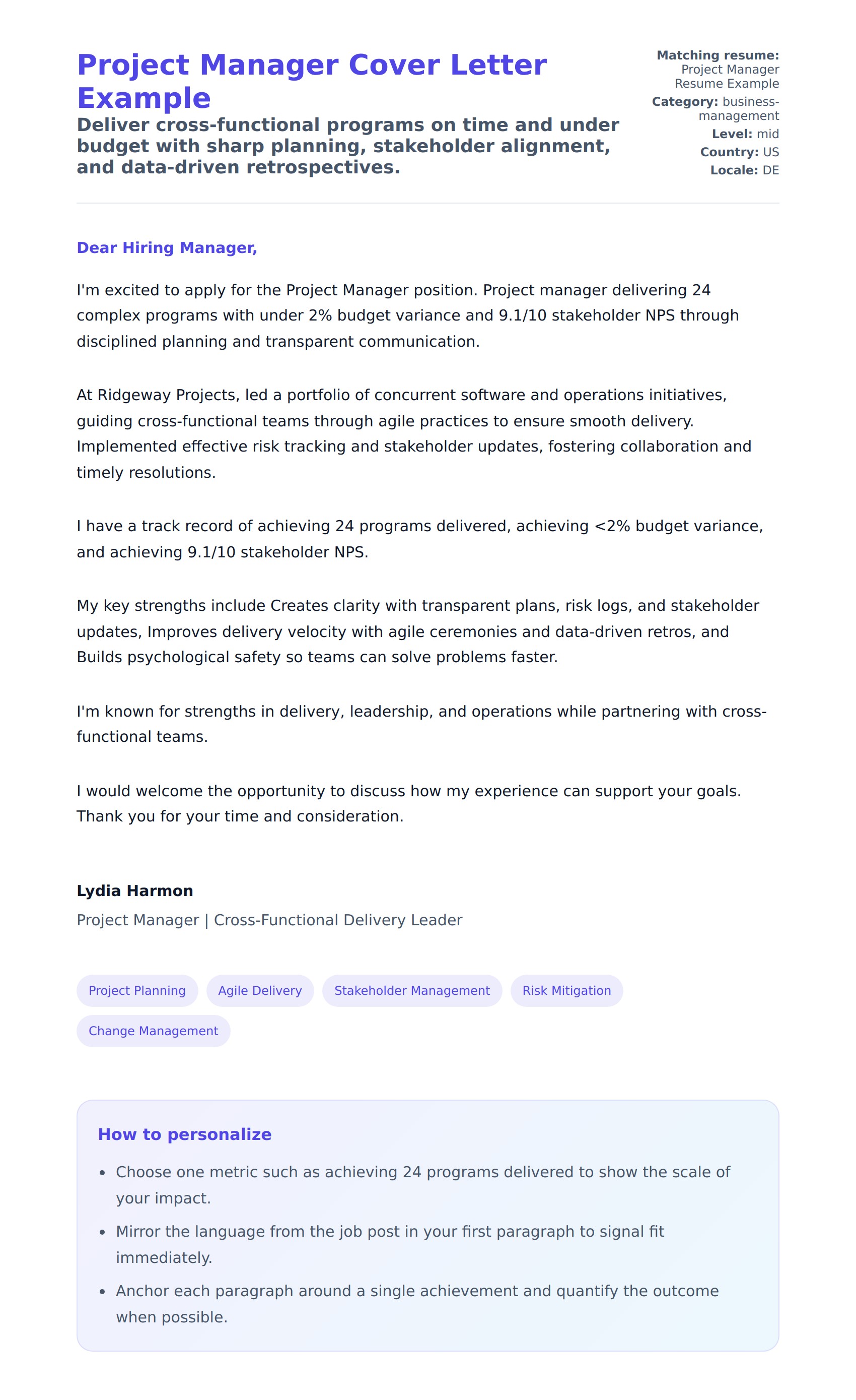 Cover Letter preview for Project Manager Cover Letter Example