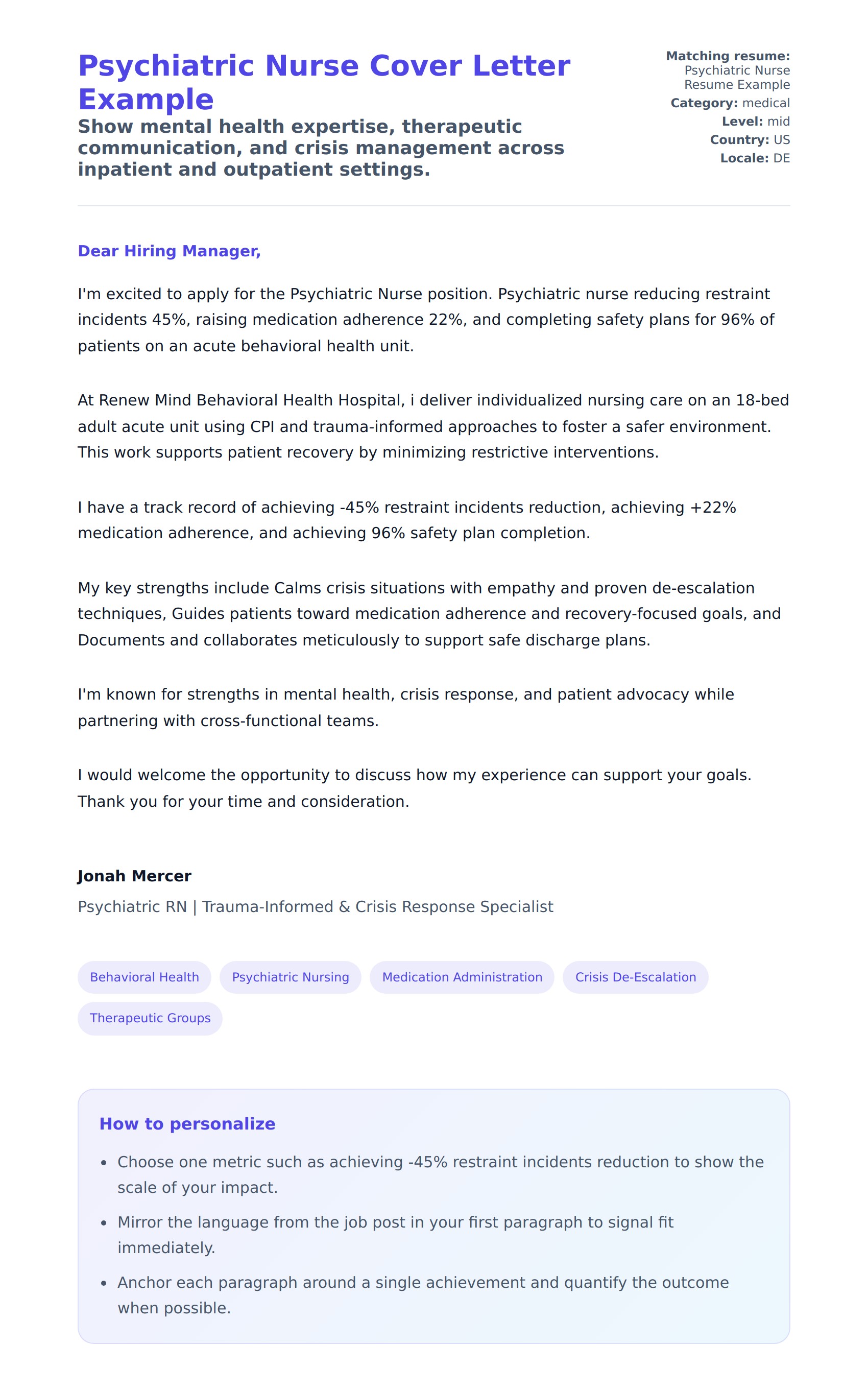 Cover Letter preview for Psychiatric Nurse Cover Letter Example
