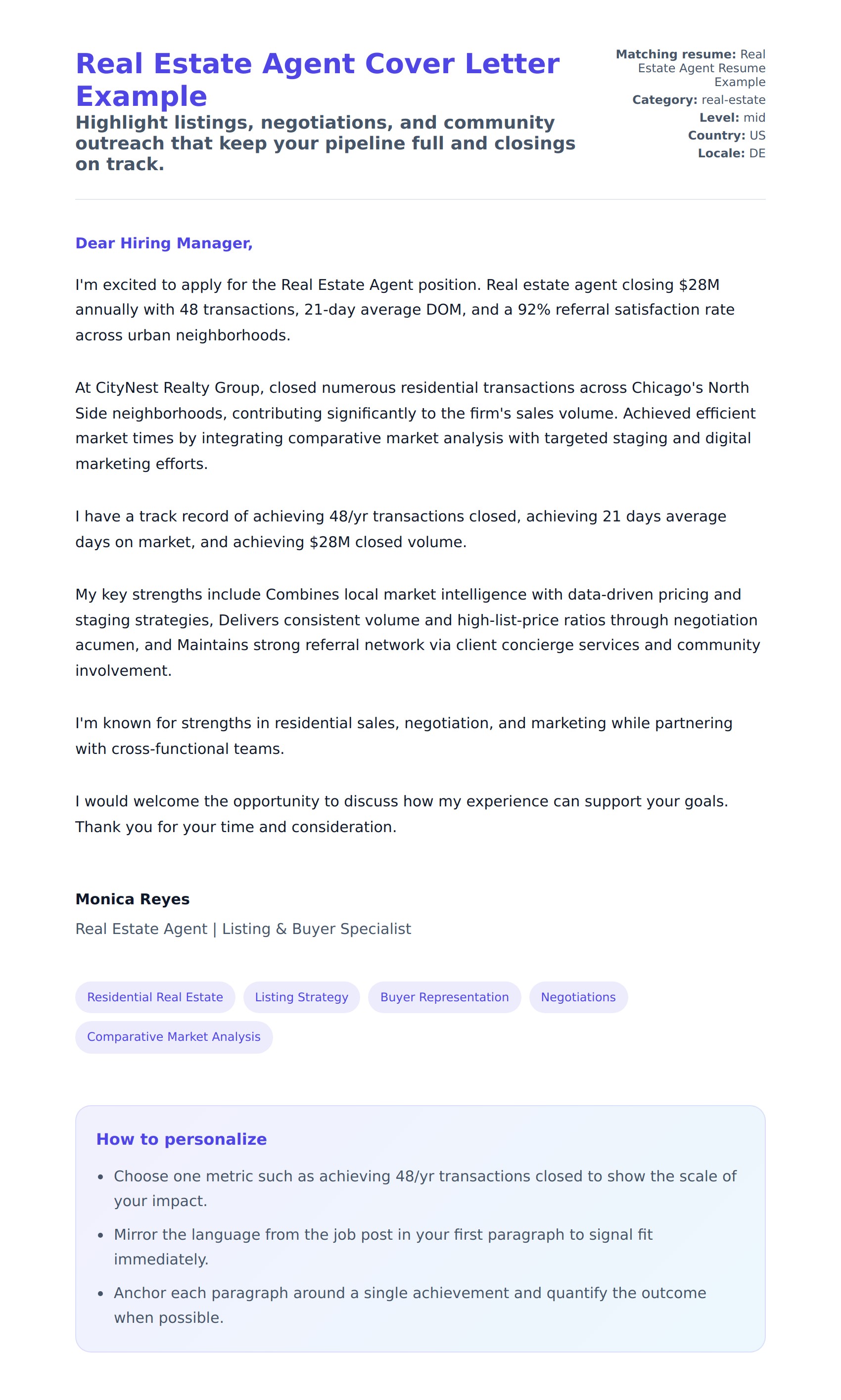 Cover Letter preview for Real Estate Agent Cover Letter Example