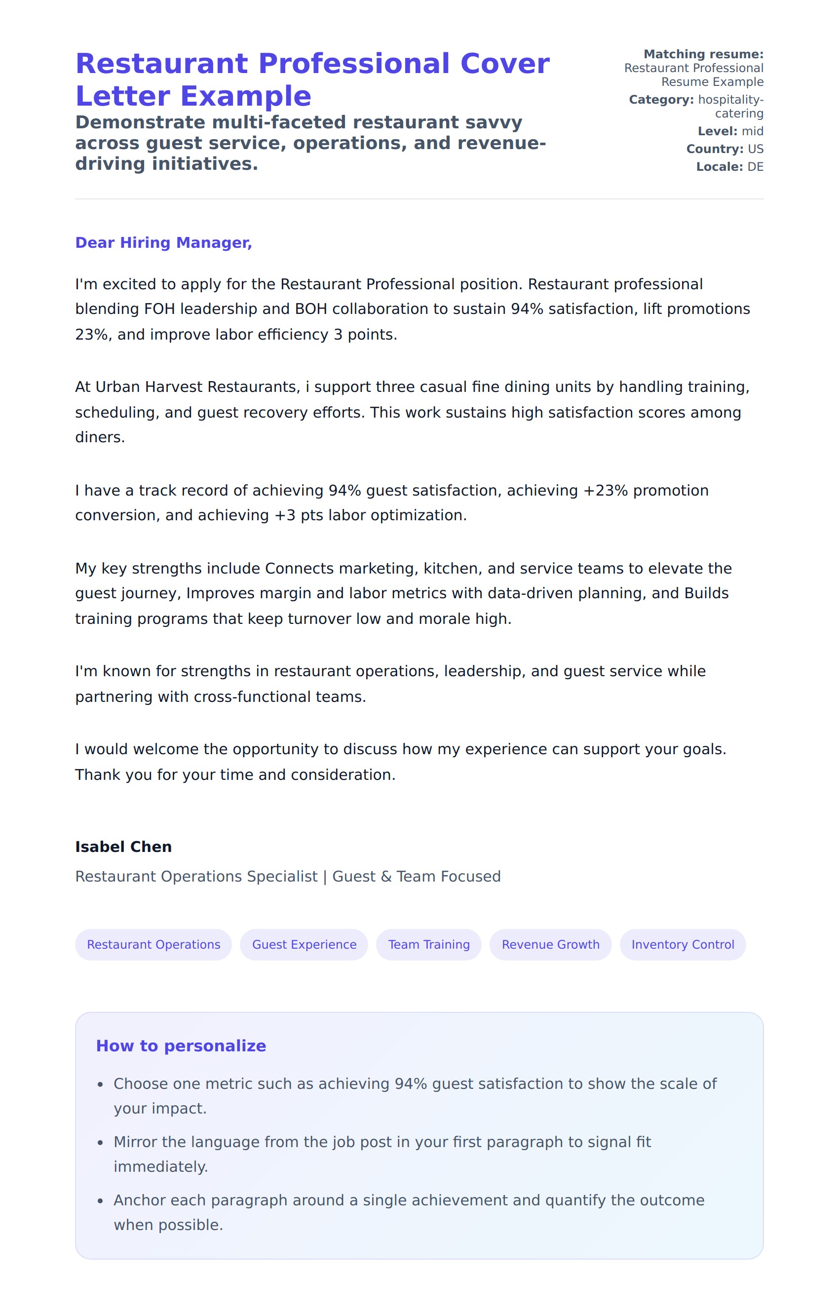 Cover Letter preview for Restaurant Professional Cover Letter Example