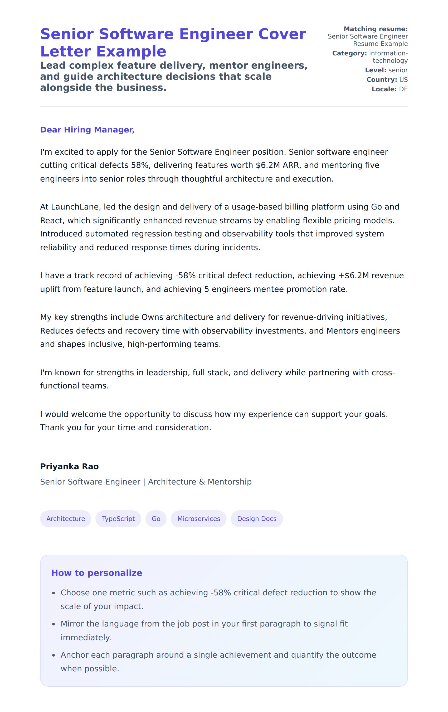 Cover Letter preview for Senior Software Engineer Cover Letter Example