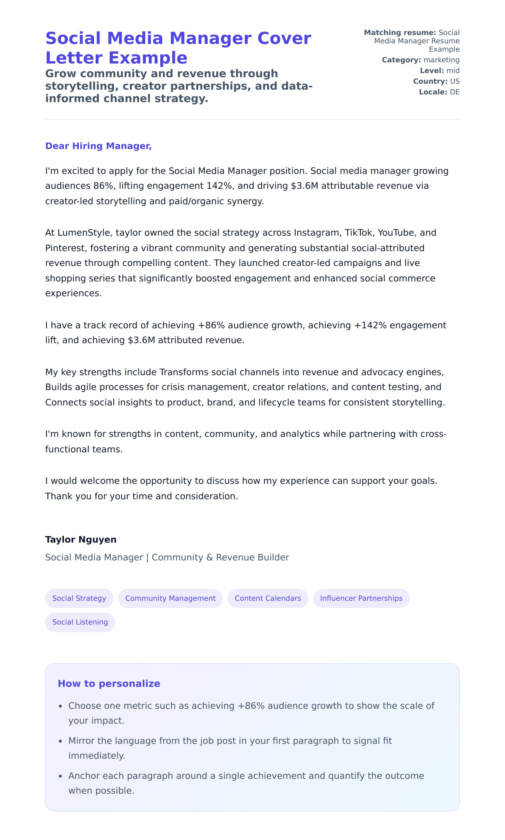 Cover Letter preview for Social Media Manager Cover Letter Example
